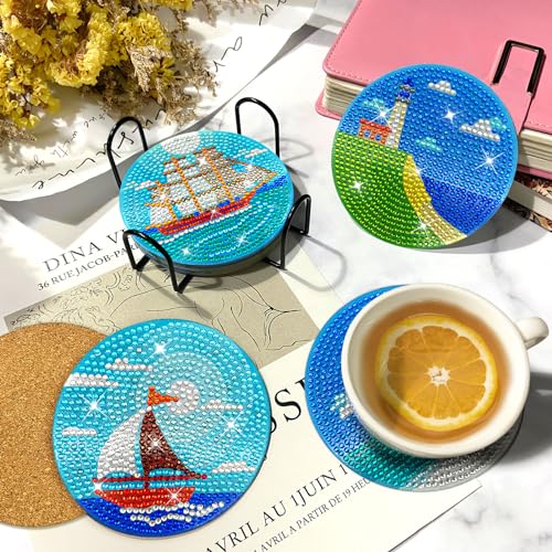 Image of ZTOTZ Ocean Diamond Art Coasters Kit, 8Pcs DIY Crafts | Includes Holder Stand, Cork Backing Pads, Ideal Christmas Gift, For Adults & Beginners, Round 3.9in / 10cm Size