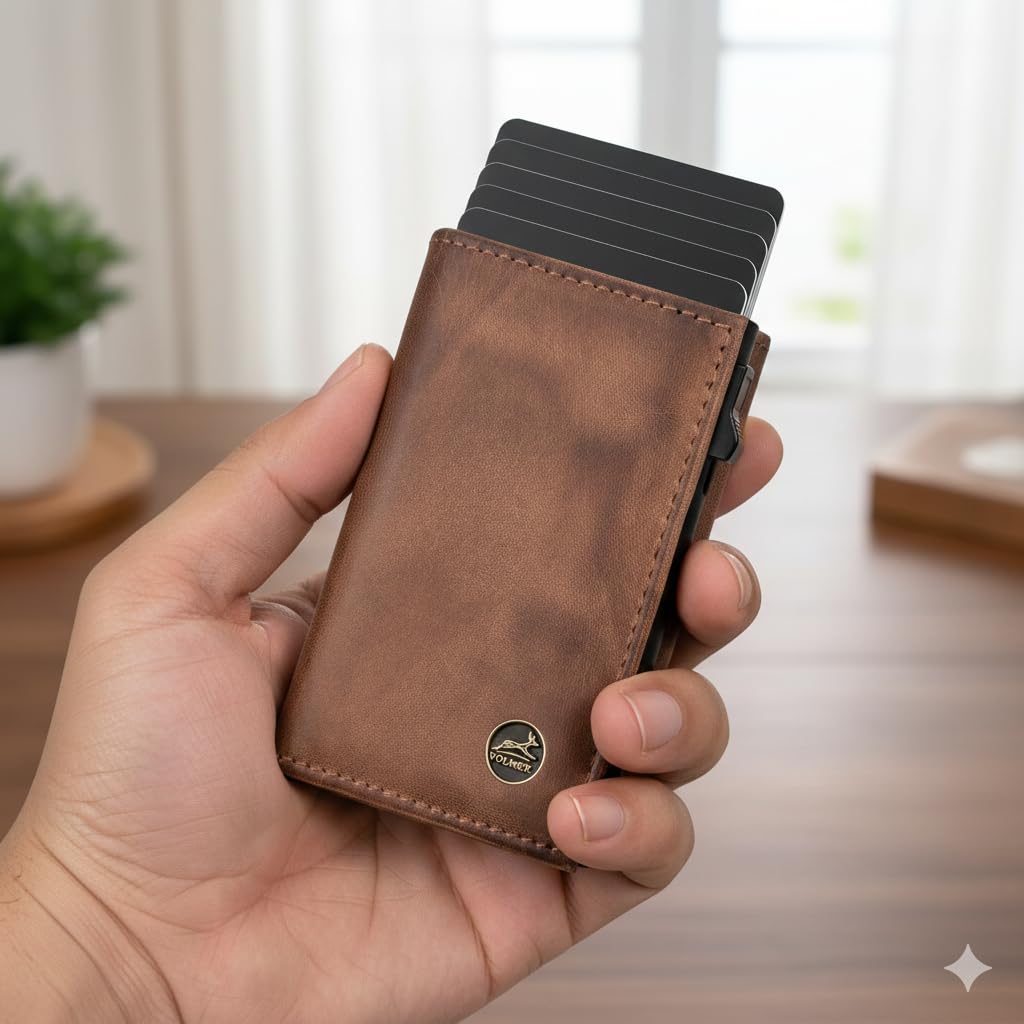 Fa.Volmer Etui na Karty Pop-up z Kieszonką na Monety z Prawdziwej Skóry dla Mężczyzn i Kobiet | 11 Kart | Ochrona RFID, petit compartiment à monnaie, Współczesny