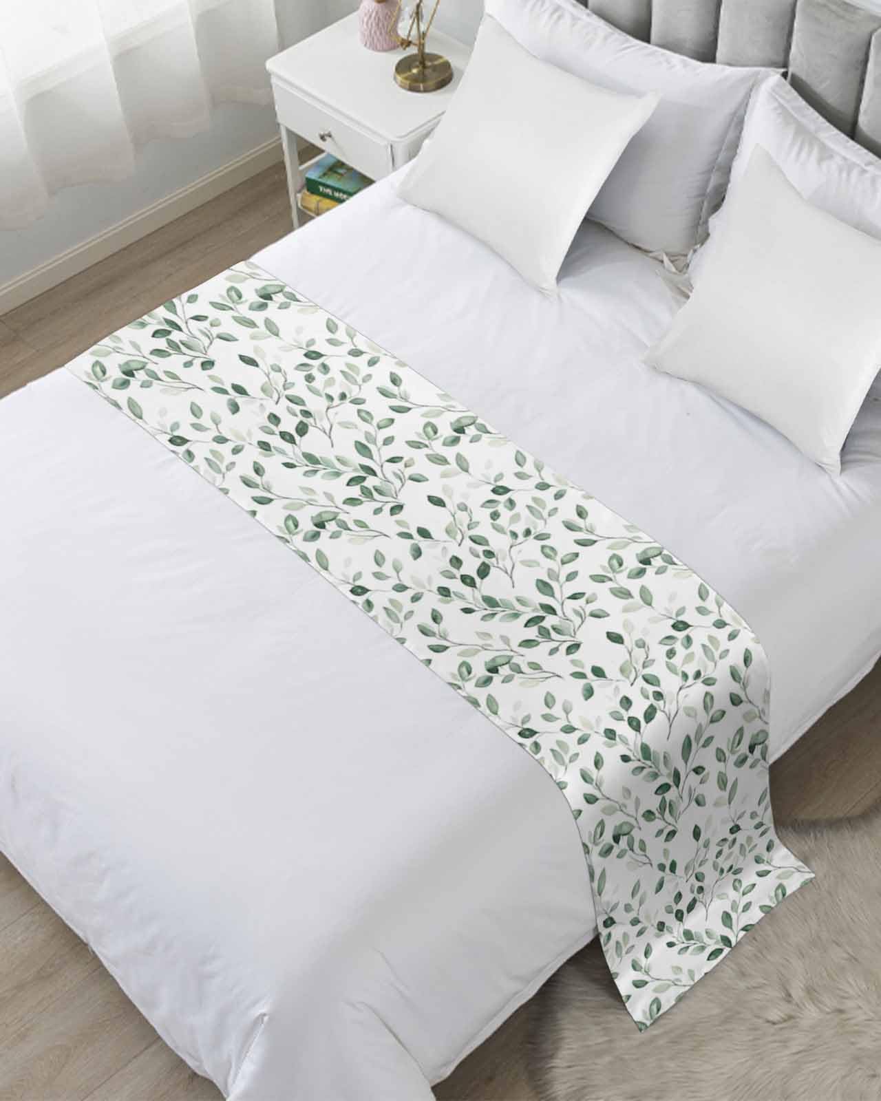 DecorLovee Eucalyptus Leaves Bed Runners for Twin Size Bed, Decorative Bed Throws for Foot of Bed, Watercolor Summer Botanical Green Bed Runner Sofa Throw Bedding Scarf Protector Slipcover for Bedroom