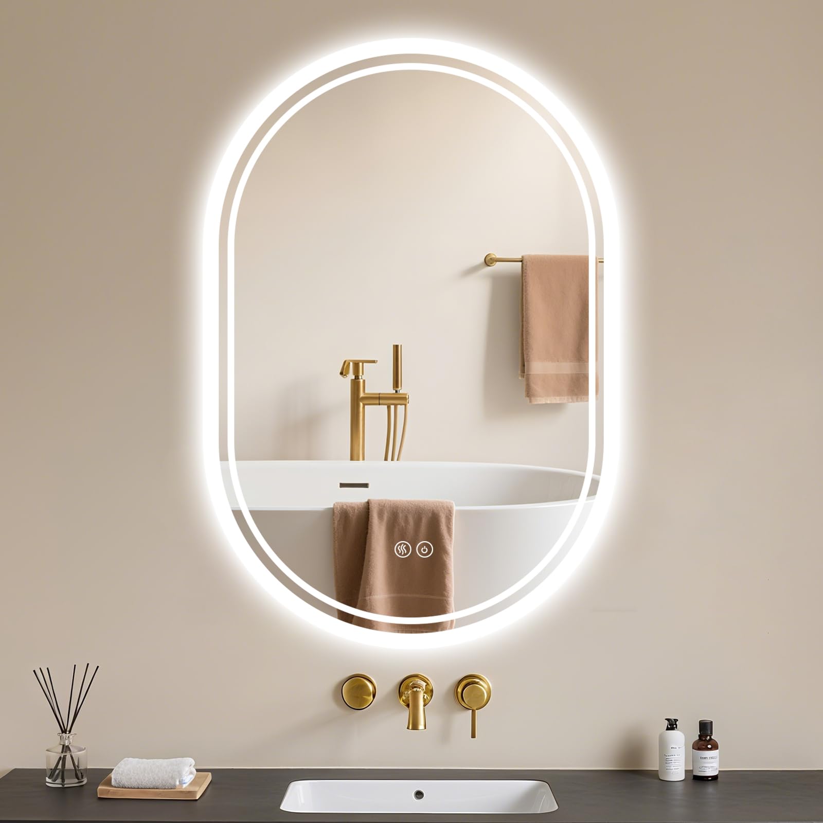 Badspiegel-mit-Beleuchtung - Badezimmerspiegel LED Badezimmer Spiegel mit Beleuchtung Beschlagfrei, Touch-Schalter, Dimmbar, 3 Lichtfarben, Wandspiegel Led-Spiegel-Bad Horizontal/Vertikal Oval 50x70cm