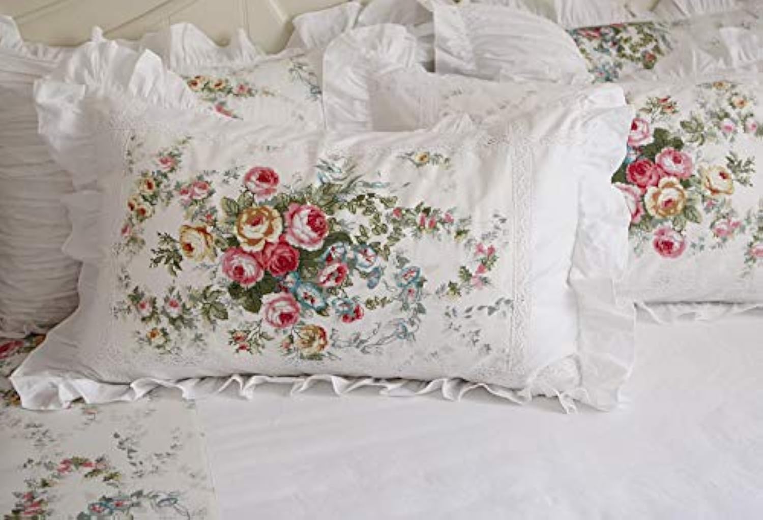 Vintage Rose Roses Pink Floral Print Pillowcases Lace Ruffles Bedding Pillow Covers Cotton Fabric Material Standared Size 19" x 29" (Victorian Rose)