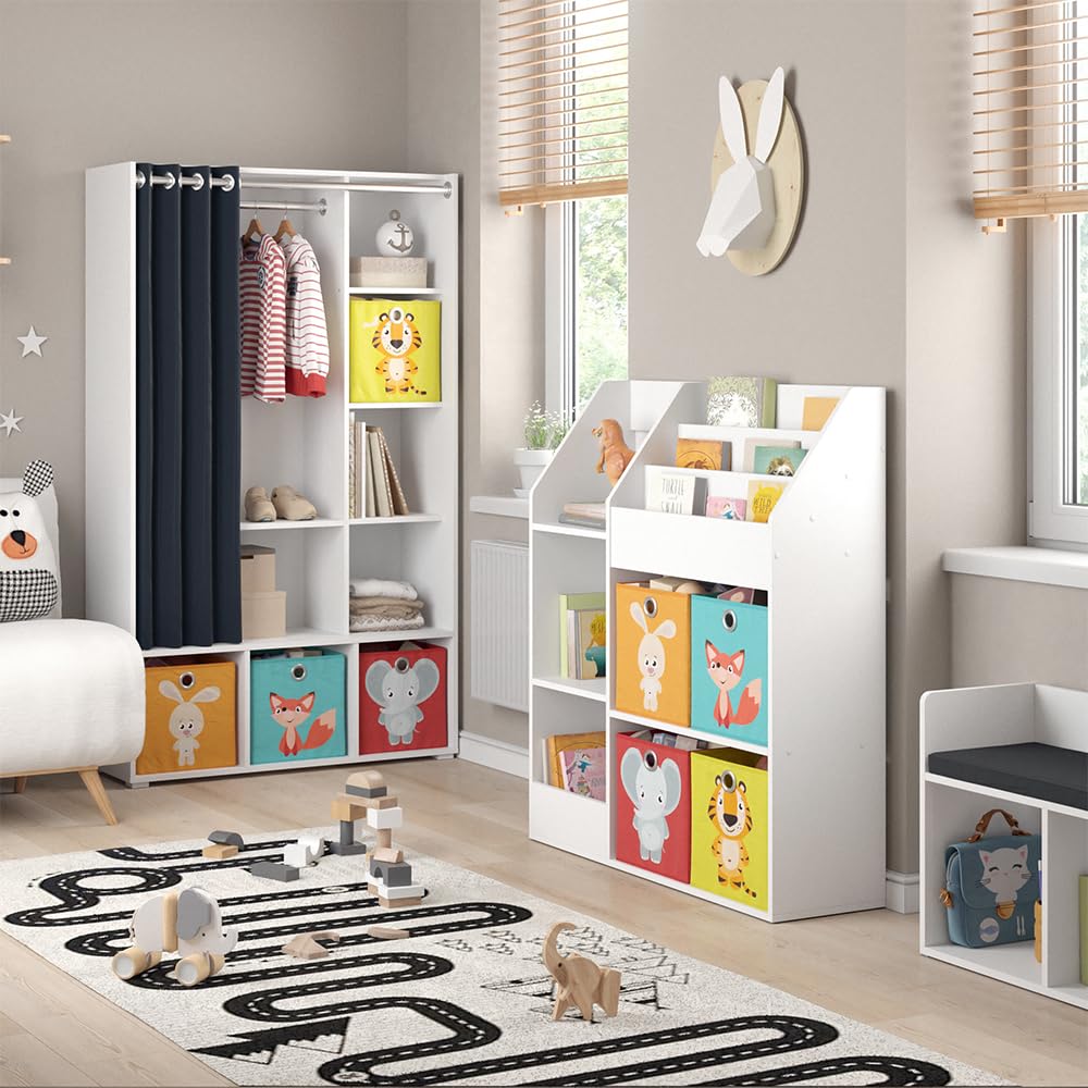 Vicco Bibliothèque Enfant Luigi, Blanc, 100.4x114.2cm avec 4 boîtes Pliantes (Multicolores), combinable pour Le Rangement des Jouets et des Livres