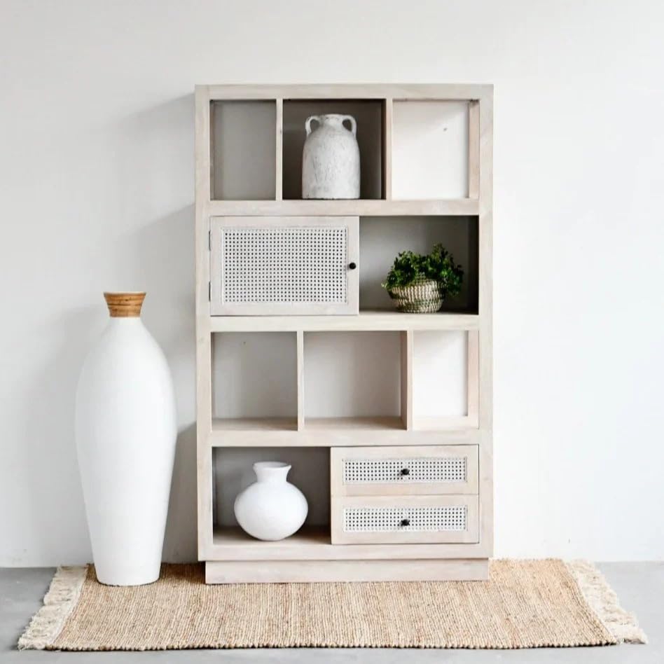 Rattan Bookcase Stylish Wooden Storage Cabinet with Rattan Doors Multi Shelf Book Shelf for Living Room Bedroom Office Modern Boho Furniture Organizer Display Rack Home Decor Unit (Rustic White)-image-12