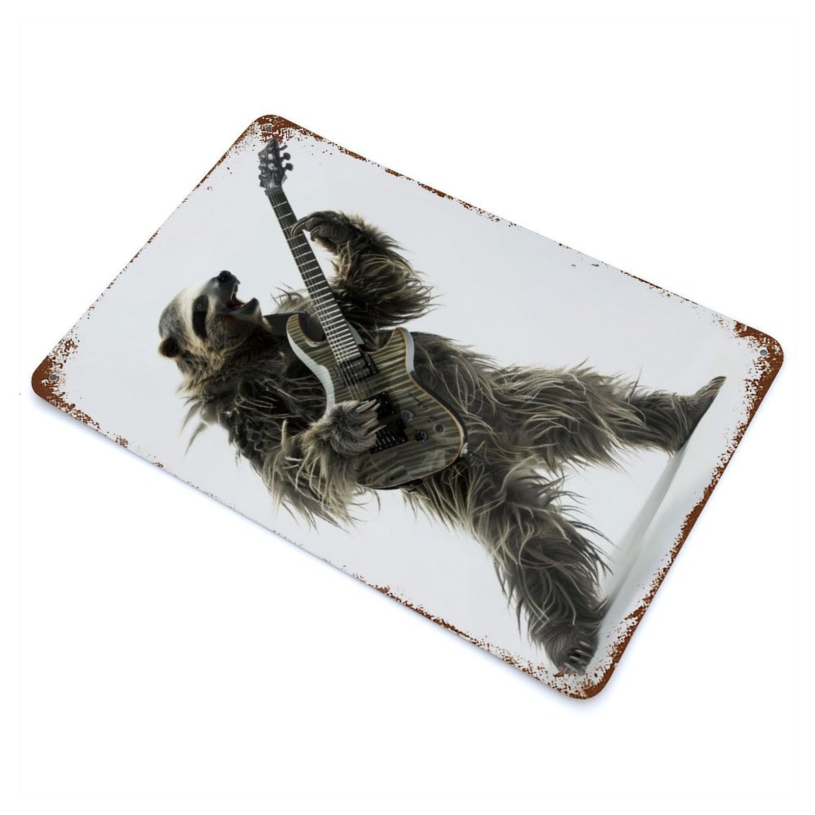 Garage Style Sloth Guitar Rust Effect Tin Sign 11.8"x7.9", Industrial Home Decor for Bar And Workshop