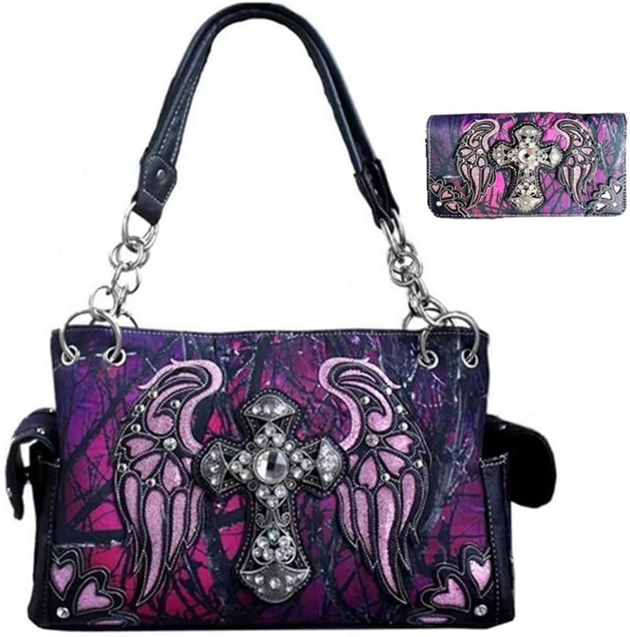 Western Handbag Premium Rhinestone Camouflage Cross Moon Camo Rhinestone With Matching Wallet