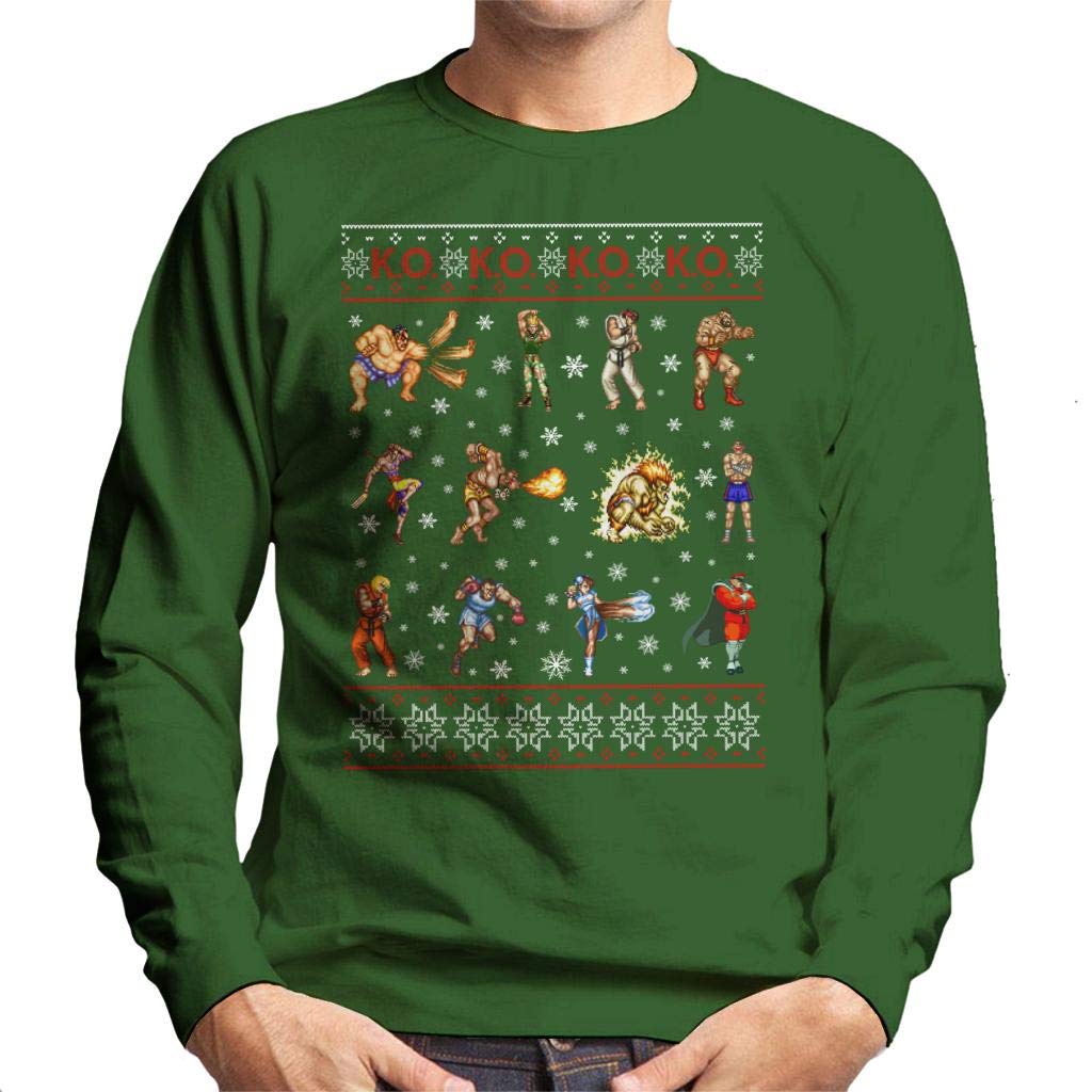 Cloud City 7 Street Fighter Christmas Contestants KO Men's Sweatshirt Bottle Green