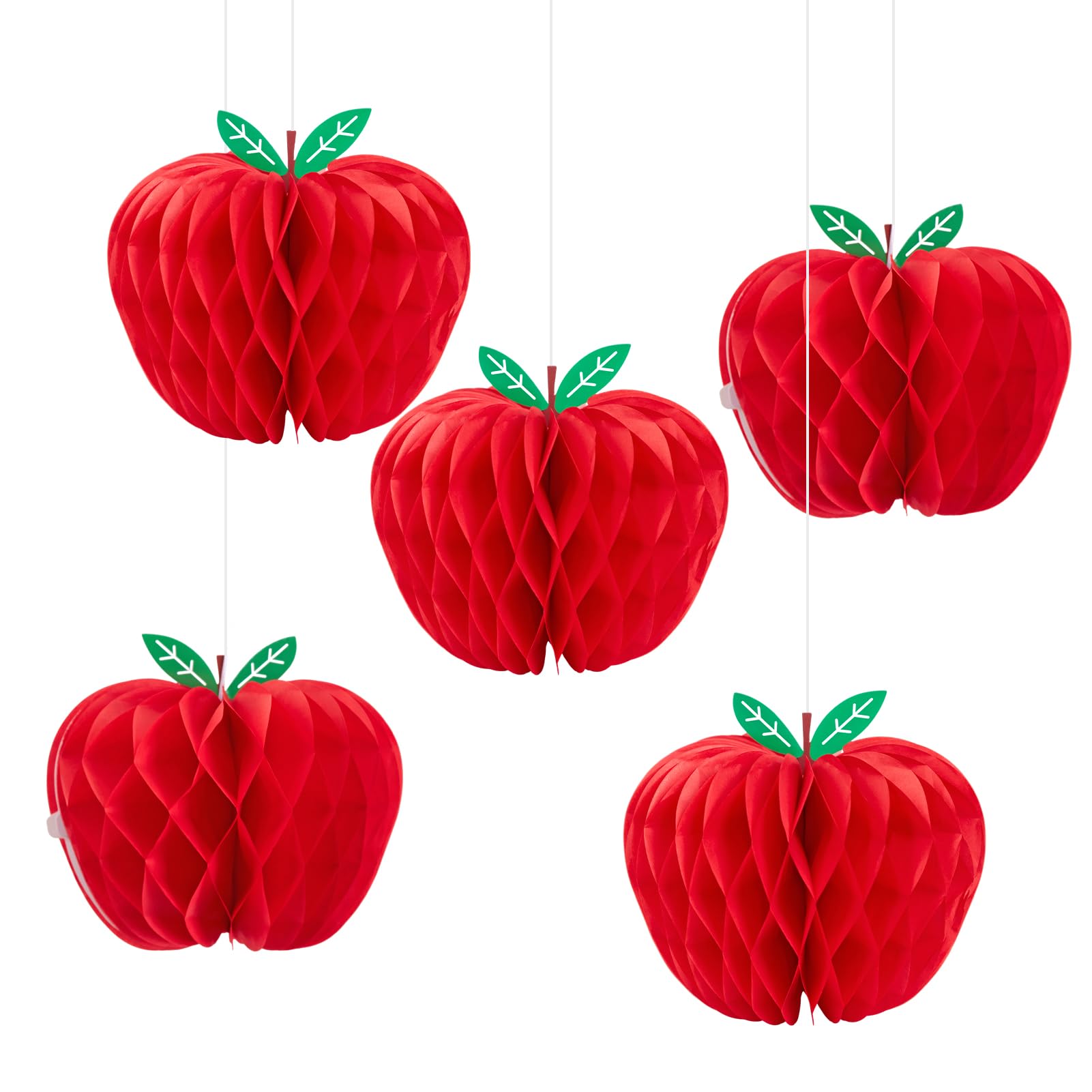 SUNBEAUTY 5 Pcs Red Apple Shaped Paper Honeycomb Paper Apple Hanging Decoration School Classroom Back to School Decoration(4 Inch)