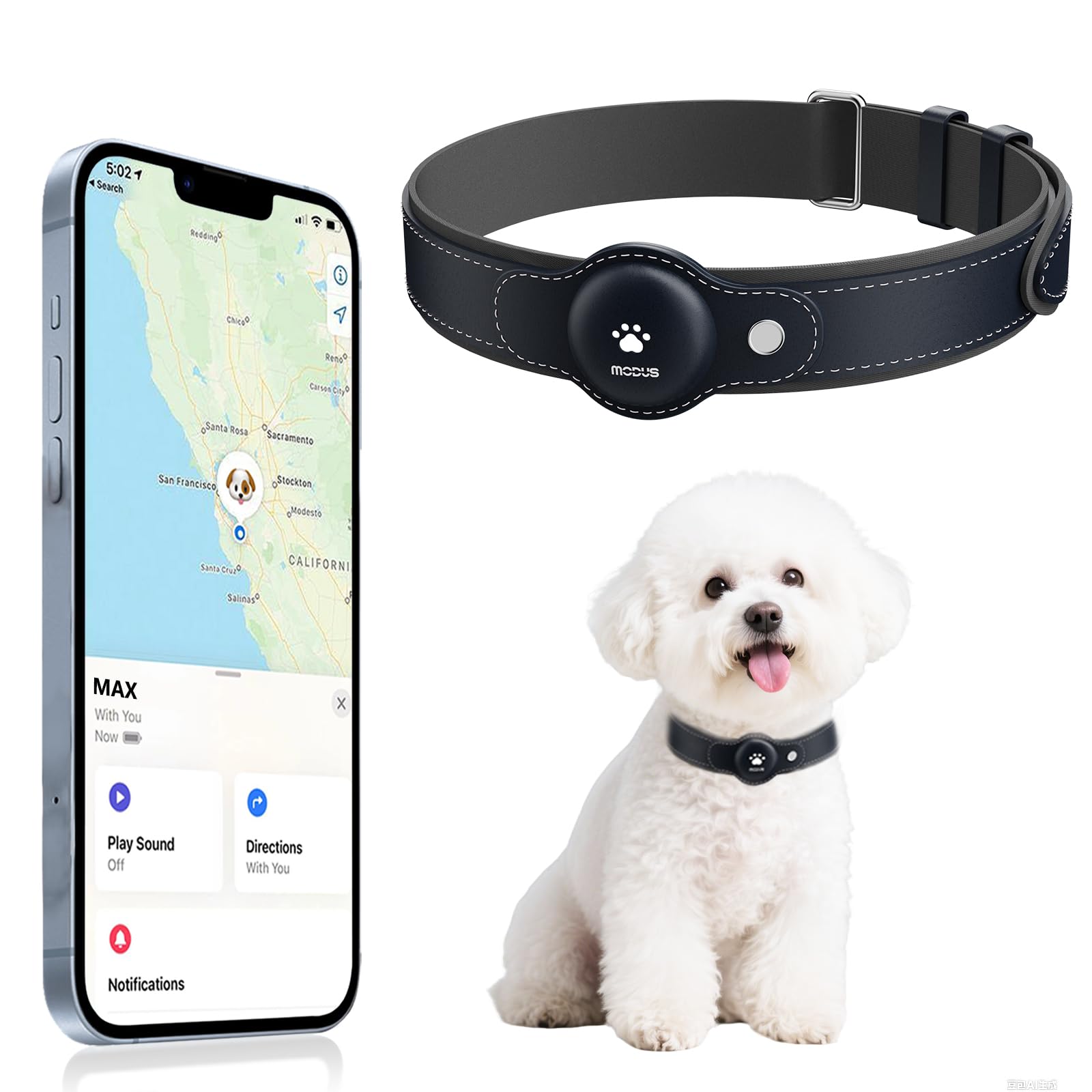 GPS Tracker for Dogs, 2 in 1 Pet Tracking Smart Collar (Only iOS), No Monthly Fee GPS Tracker Dog Collar, Real-time Location Comfortable PU Tracker Tag for Small, Medium Large Dogs(Locator Included)