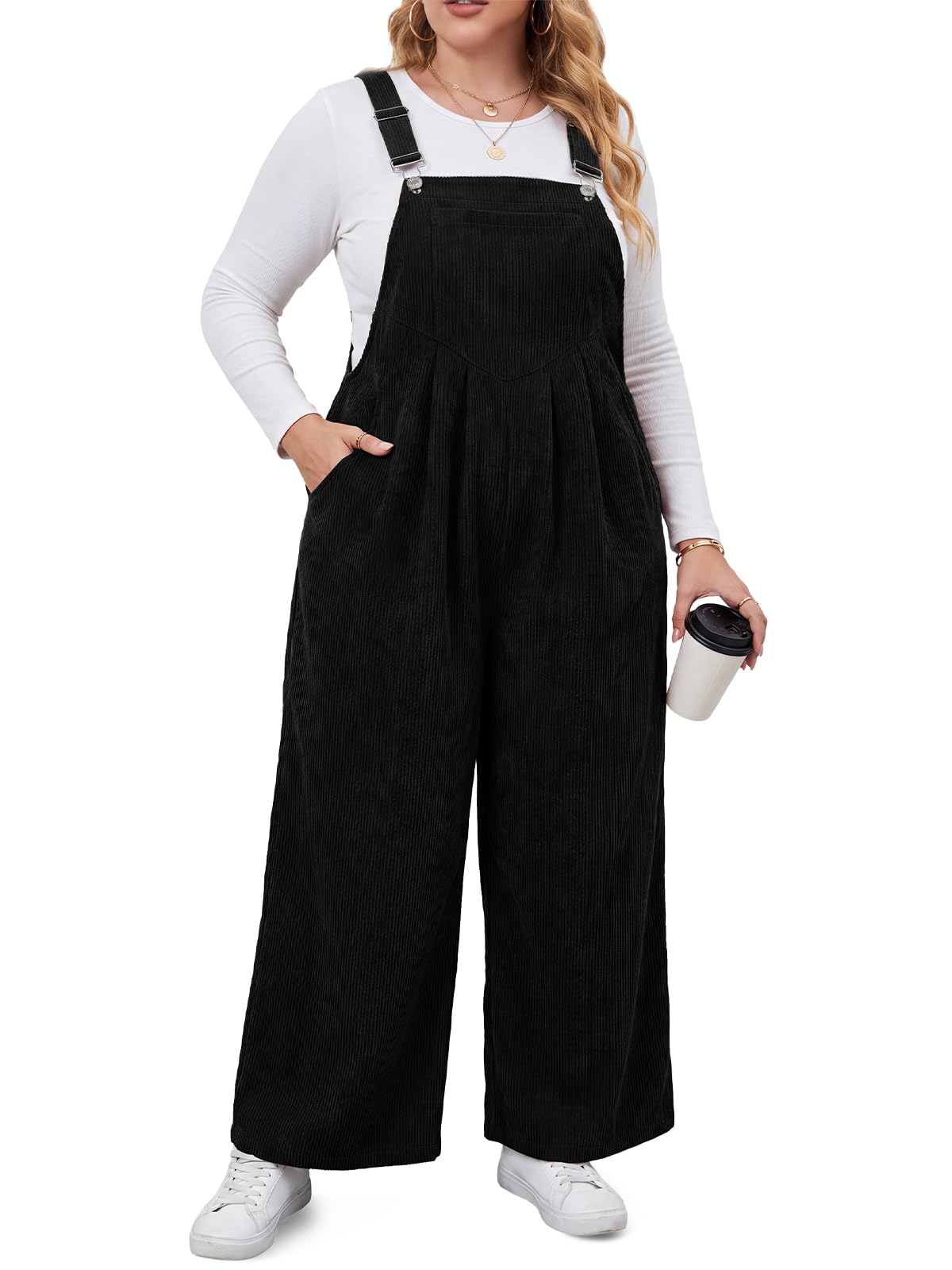 Moon Wood Cord-Overall, Übergröße, weites Bein, Jumpsuits für Damen, leger