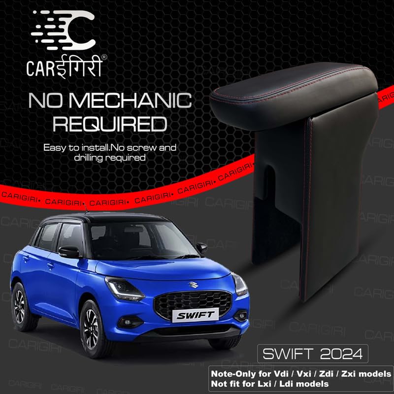 Image of Carigiri Premium Finish Car Armrest with Storage Box And High Density Moulded Foam For Maruti Suzuki Swift (Models-2024,2025)(ONLY FOR ZXI,ZDI /ZXI+ MODELS) (Red Seam,Nappa Leatherette)