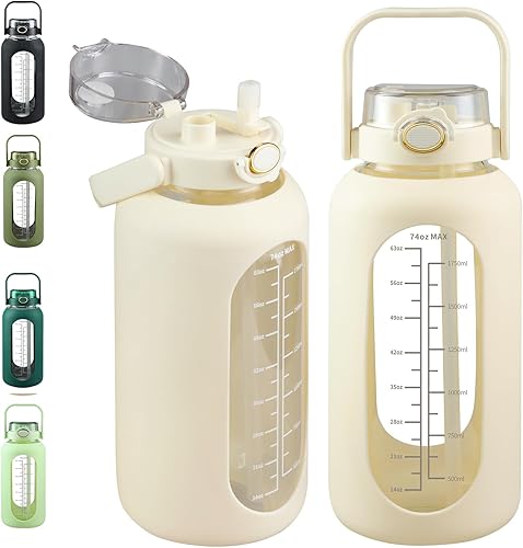SIEROZUR Botella de agua de vidrio de 74 onzas con pajilla, botella de agua motivacional de 2.2 litros con asa y marcador de tiempo, jarra de agua