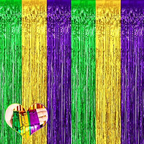 Image of 4 Pack 3.2Ft x 9.8Ft Mardi Gras Fringe Curtain Backdrop, Gold Green Purple Metallic Tinsel Foil Fringe Streamers Curtains Background for Photo Booth Birthday Wedding Carnival Party Decorations