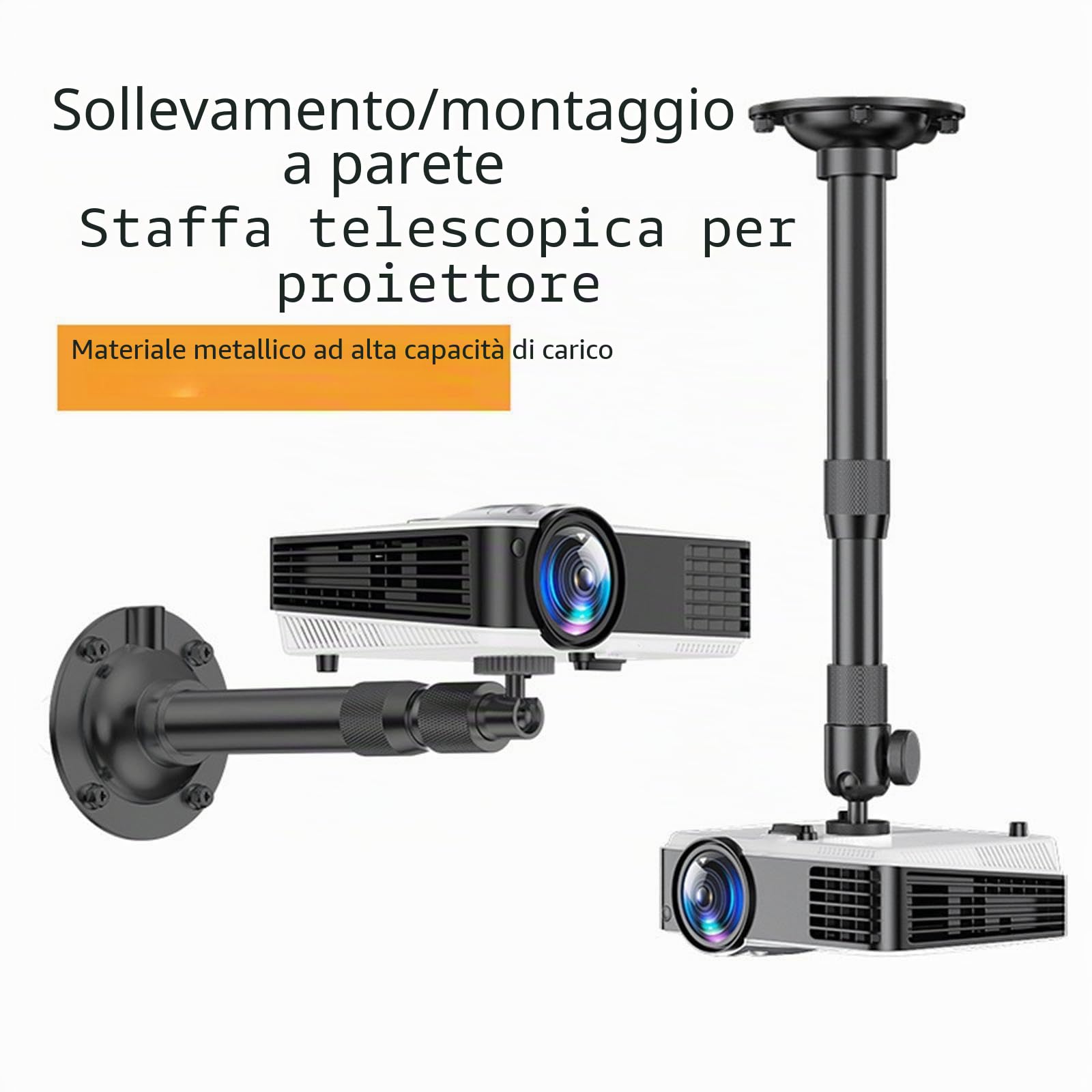 Supporto da soffitto per proiettore Regolabile, Struttura Robusta, Facile Installazione, Staffa in Metallo con Tubo telescopico per Soggiorno, da 60 a 120 Cm