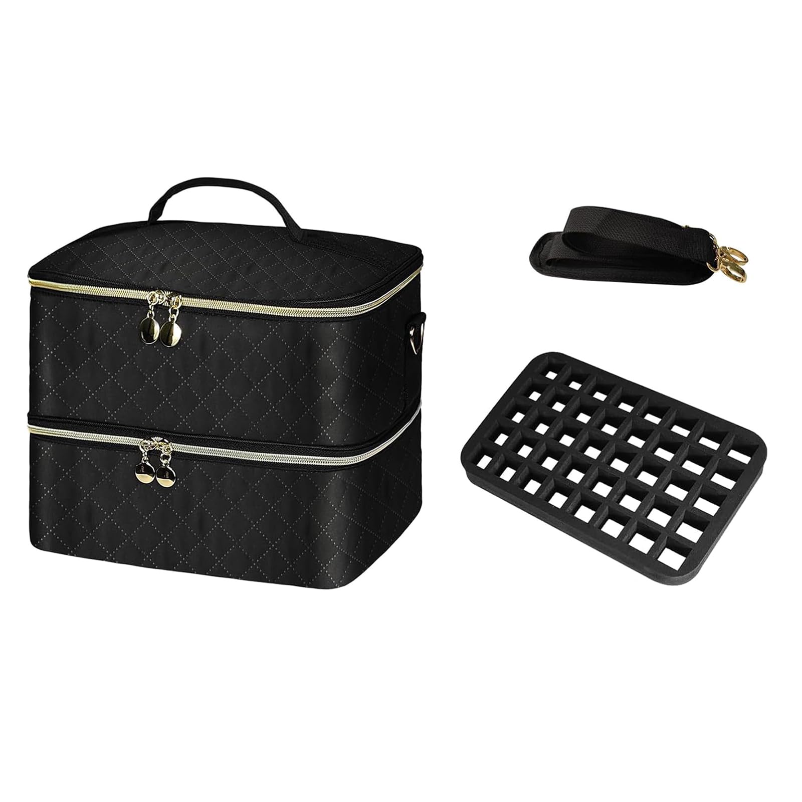 Quilted Art Travel Bag with Compartments, Water-Resistant Washable Adjustable Shoulder Strap & Vassoi Double Layer Polish Organizers Large Capacity Nails Art Tool Bag