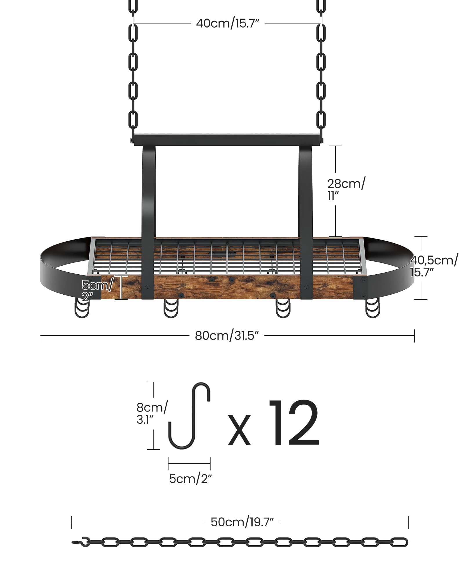 CHOEZON Porte-Casserole suspendu, Rangement de Cuisine, Support à poêle suspendu au plafond avec 12 crochets, pour ustensiles, gain d’espace, Marron Rustique et Noir DTPR08BFC1