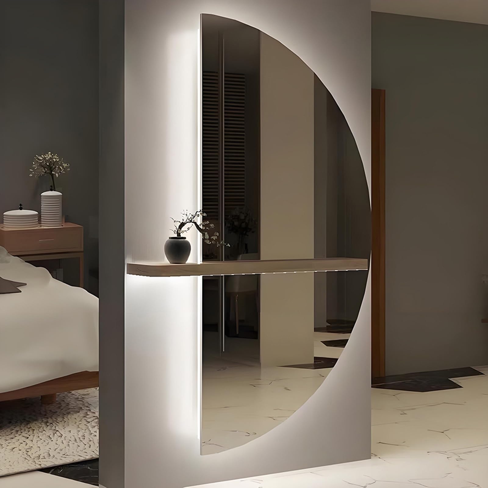 SXFSDOU Half Moon Hanging Bathroom Mirror with 3 Colors Light, Circle Anti-Fog Decorative Vanity Mirror, for Living Room Entryway Hallway(Left Cut,60x120cm/24x48in)