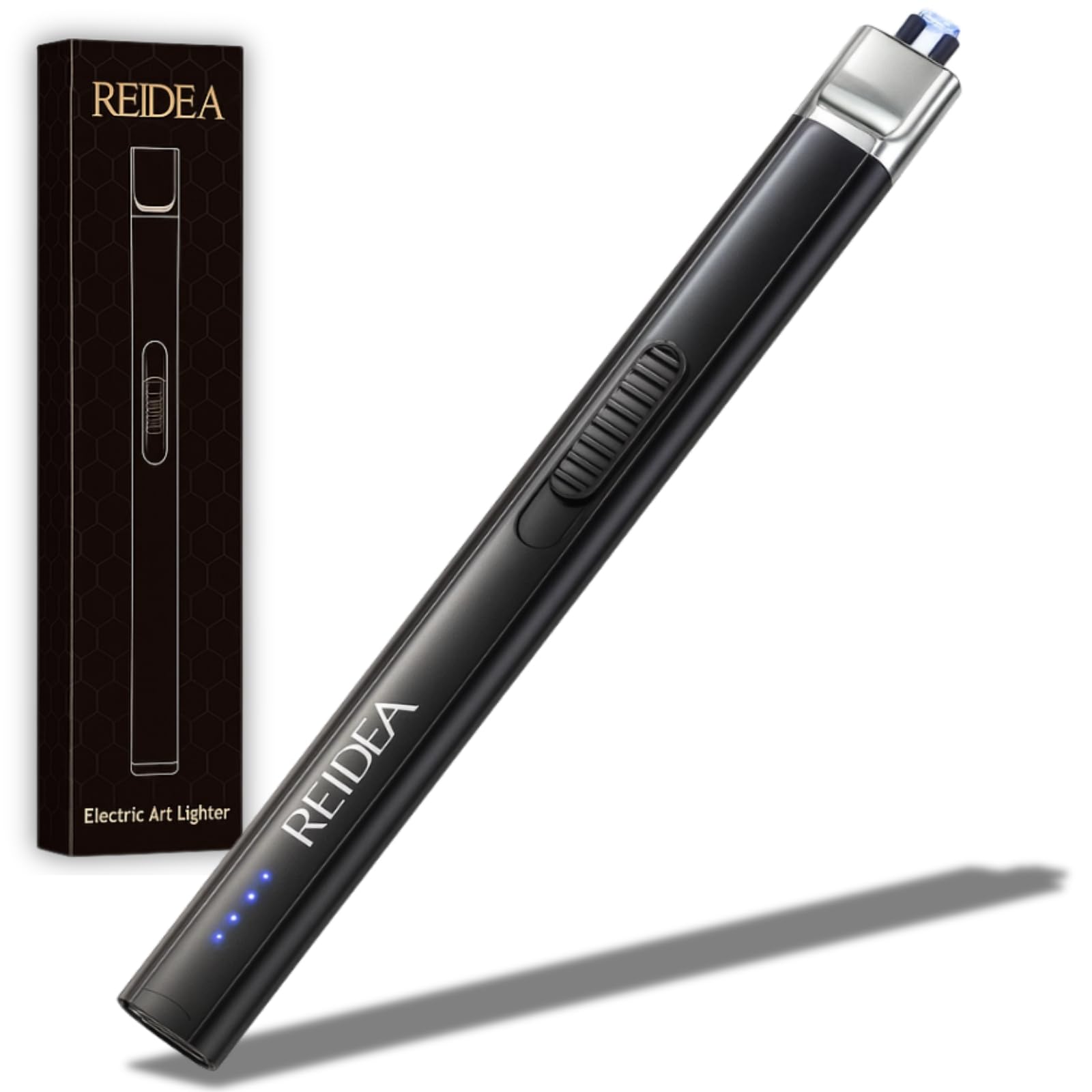 REIDEA Electric Lighter Gift for Candle Lovers, Windproof Flameless USB Rechargeable Arc Retractable Lighter with Safe Button and Power Indicator for Candle, BBQ and Fireworks, R1 Flat, Obsidian Black