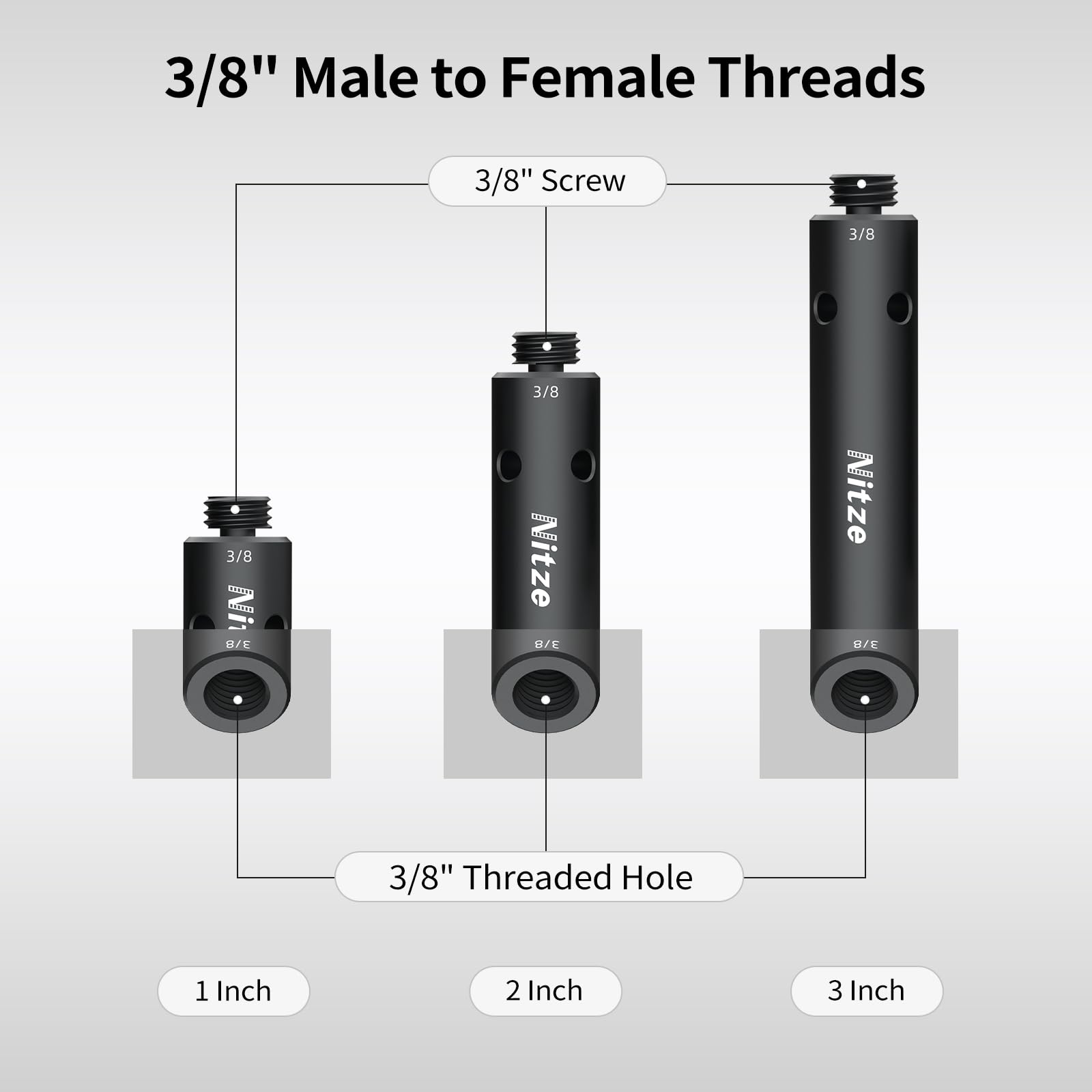 Nitze 15 mm Rod avec Vis 3/8", Kit de Tige en Alliage d'Aluminium de 15 mm for DLSR Camera (25mm/51mm/76mm) - R15-3/8-Kit