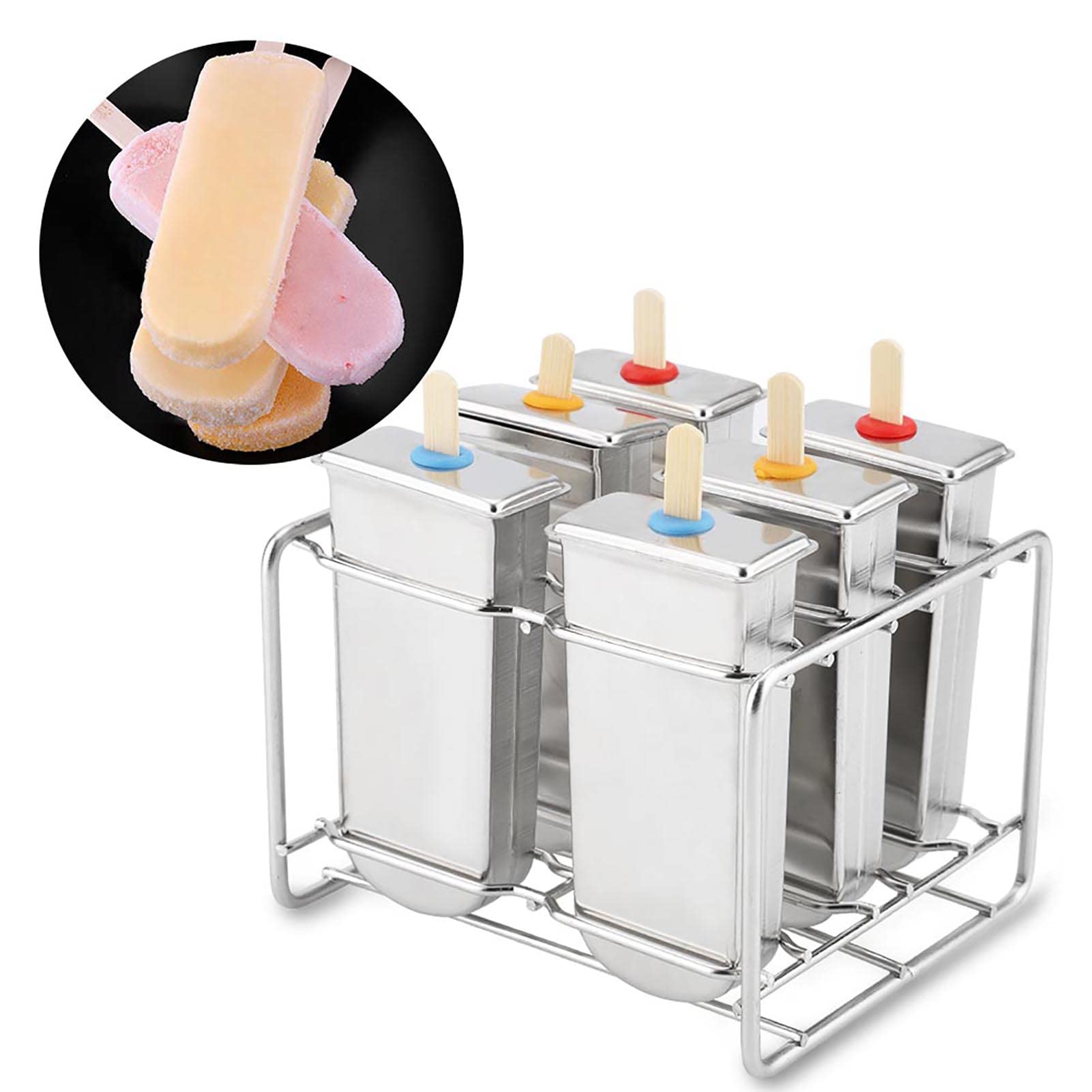 Molde para helados, molde para polos de acero inoxidable con base de apoyo, 6 moldes de punta redonda reutilizables, con 50 palitos de helado, 20 bolsas de helado, 1 pincel | Incluye base de apoyo, 50 palitos, 20 bolsas y 1 pincel, juego reutilizable para