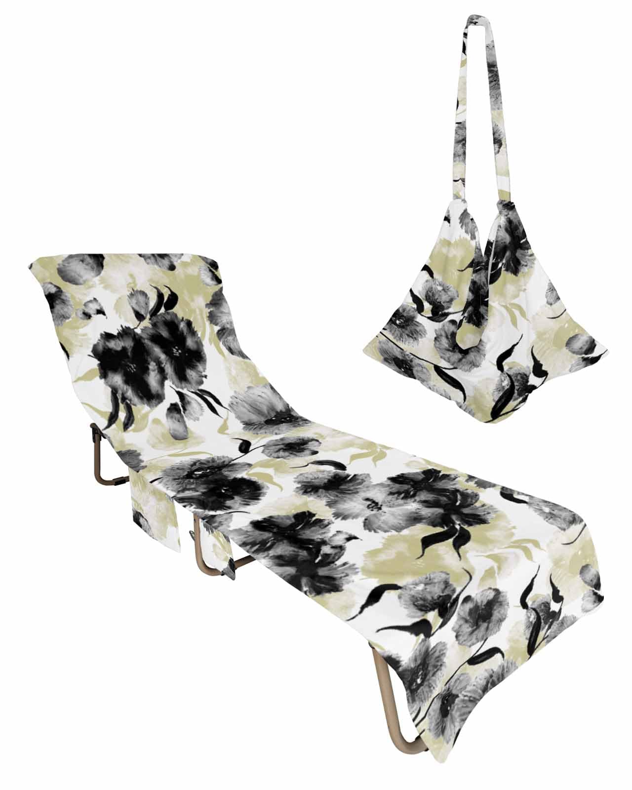 Yellow Botanical Beach Lounge Chair Towel Cover, Soft Chaise Lounge Towel with Side Pockets Patio Pool Chairs Cover for Beach/Pool Sunbathing 29x85 Watercolor Black Spring Summer Floral Elegant