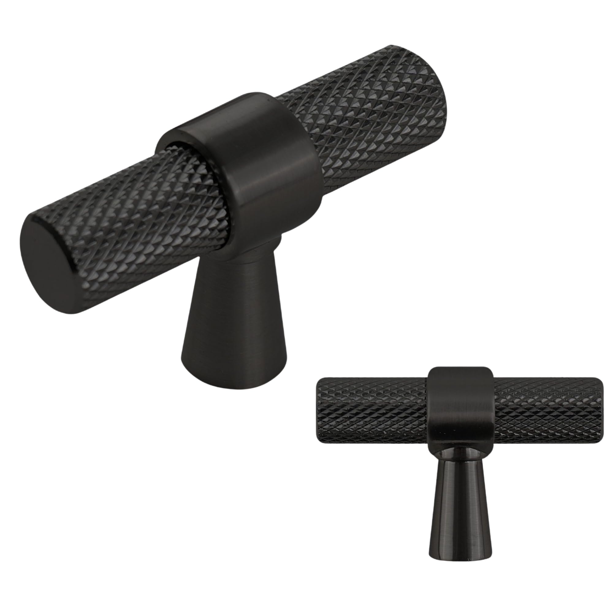 Keypak Black 10 Pack Knurled Kitchen Cupboard Handles, Knobs, Aluminium T-Bar Pulls For Cabinet, Wardrobe Doors, Chest Of Drawers