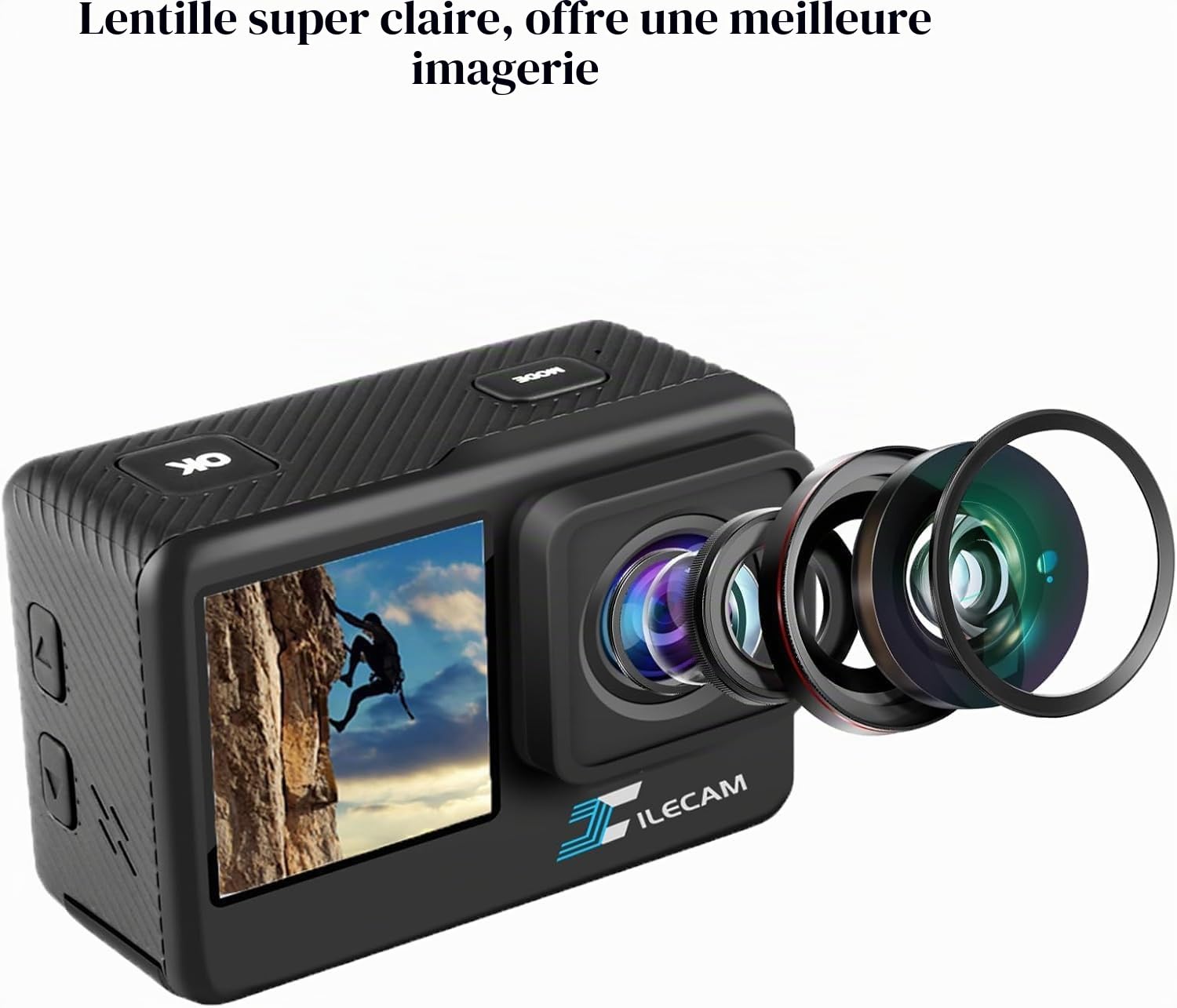 Xilecam Caméra Sport Double écran 1080P Carte Mémoire de 32 Goétanche, 4*Zoom Caméras Embarquées 40M avec 2 Batteries 1050 mAh et Accessoires Multifonctionnels Caméra Étanche（Noir）