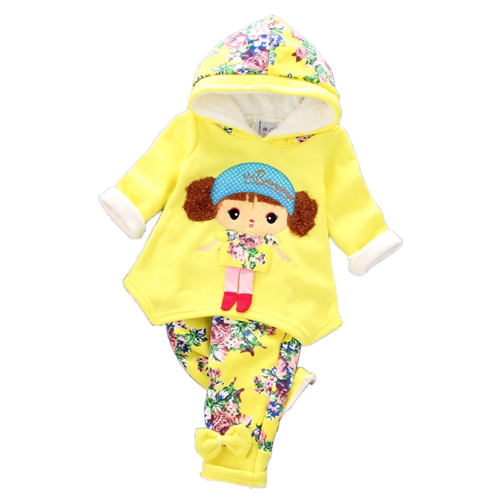 Yao Spring Autumn Winter Little Baby Girls Clothing Set Warm Velvet Hoodie and Pants (12-18M, Yellow)
