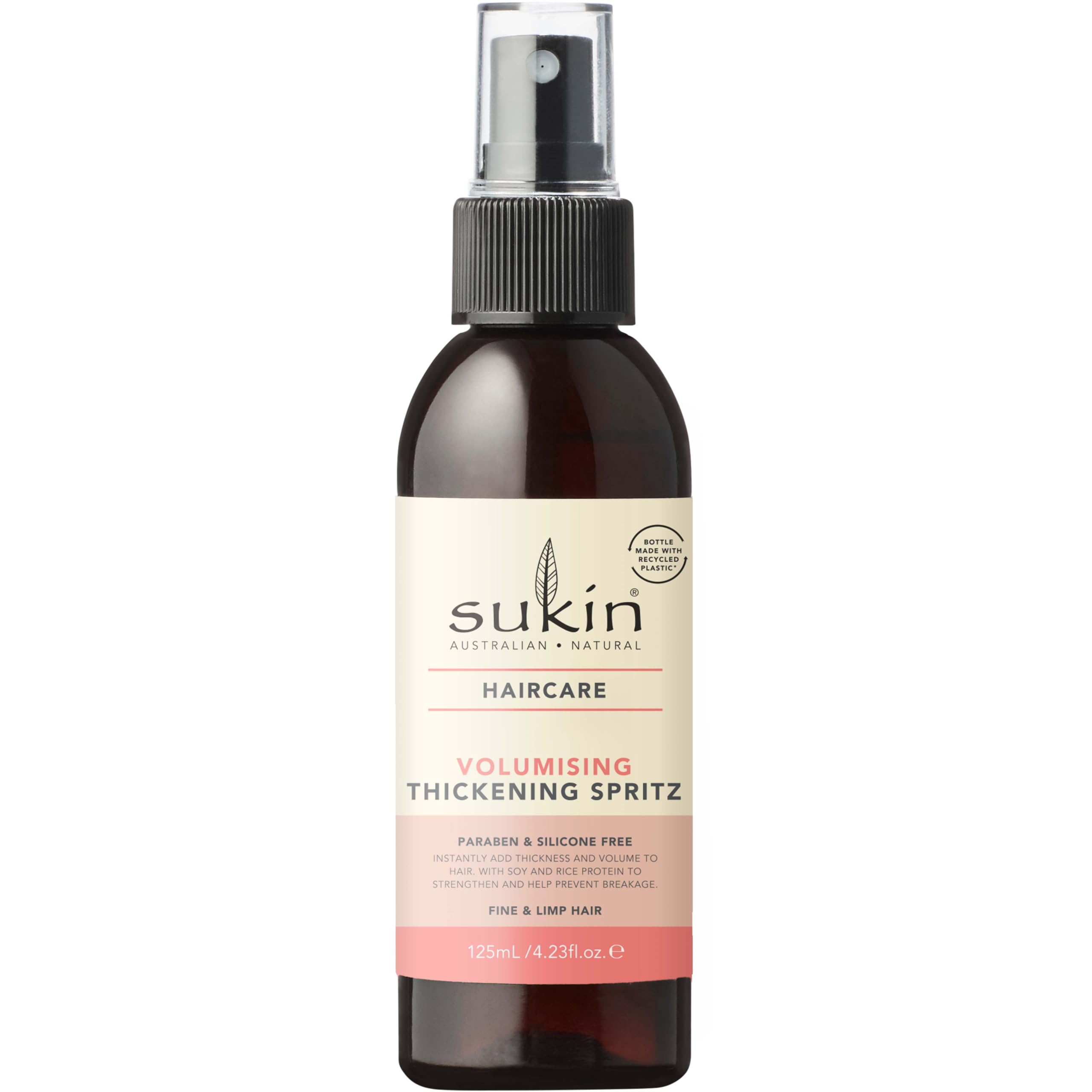 Sukin Volumising Thickening Spritz 125ml - adds thickness & volume to fine hair - with Soy & Rice protein to strengthen hair to help prevent breakage; cruelty free & vegan friendly.