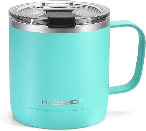 HAUSHOF Taza de café de 14 onzas, taza de café aislada con asa, taza de campamento de viaje, taza de café portátil de acero inoxidable, tazas de