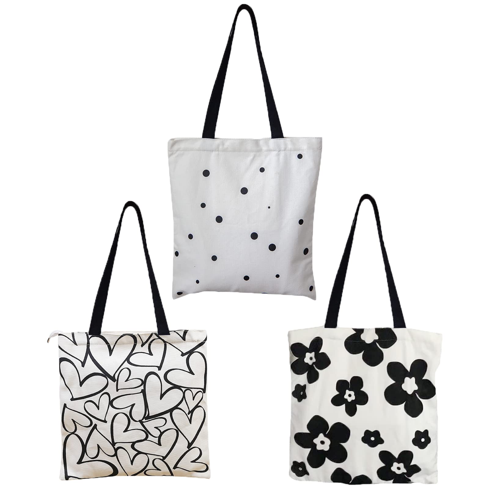 3Pack Black Pattern Canvas Tote Organizer, Eco Friendly Utility Bags For Women, Work, School