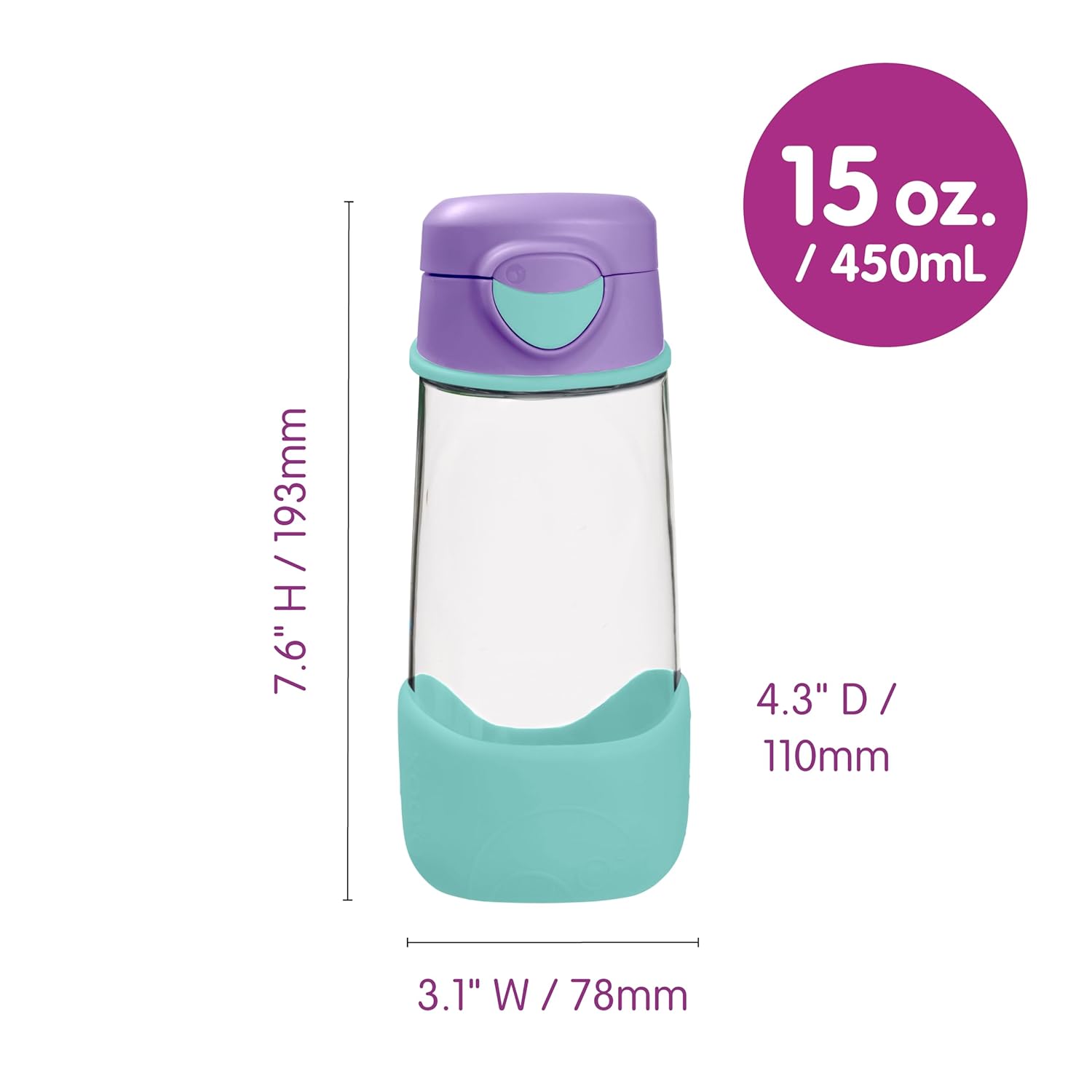 b.box 15oz Sport Spout Kids Water Bottle for School, Sports, Daycare - No-Straw Design for Easy Cleaning - Leakproof - Ergonomic Triangle Grip - Dishwasher Safe, BPA Free, PFAS Free - Lilac Pop - Image 4