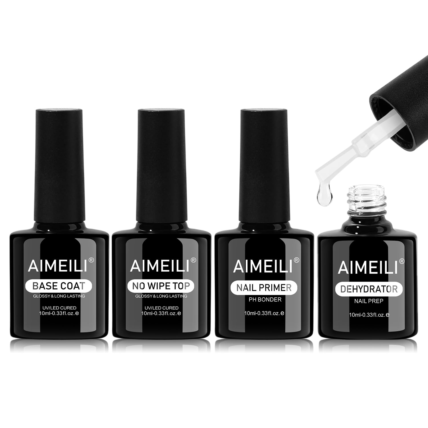 AIMEILI Nail Primer Dehydrator Base and Top Coat Base and Top Coat for Nails, Primer, Dehydrator, Top Coat and Base Coat Gel Nails UV Soak Off Set Nail Art 4 x 10 ml