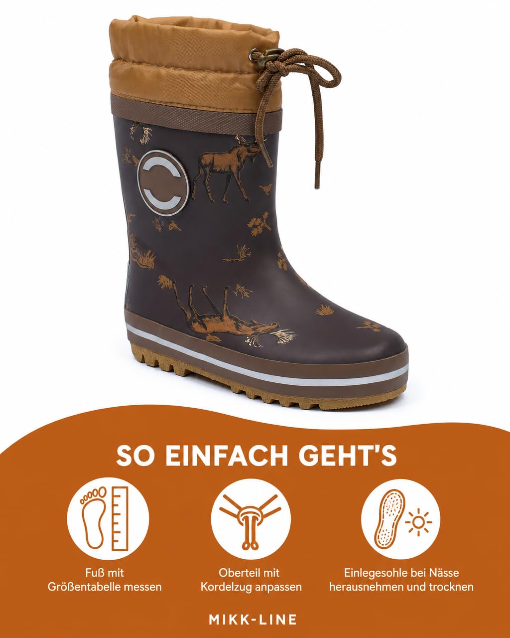 Mikk-line Bottes en caoutchouc thermique pour enfants | Bottes d'hiver pour enfants avec lacets | Bottes en caoutchouc doublées avec détails réfléchissants | Bottes de pluie pour enfants en caoutchouc