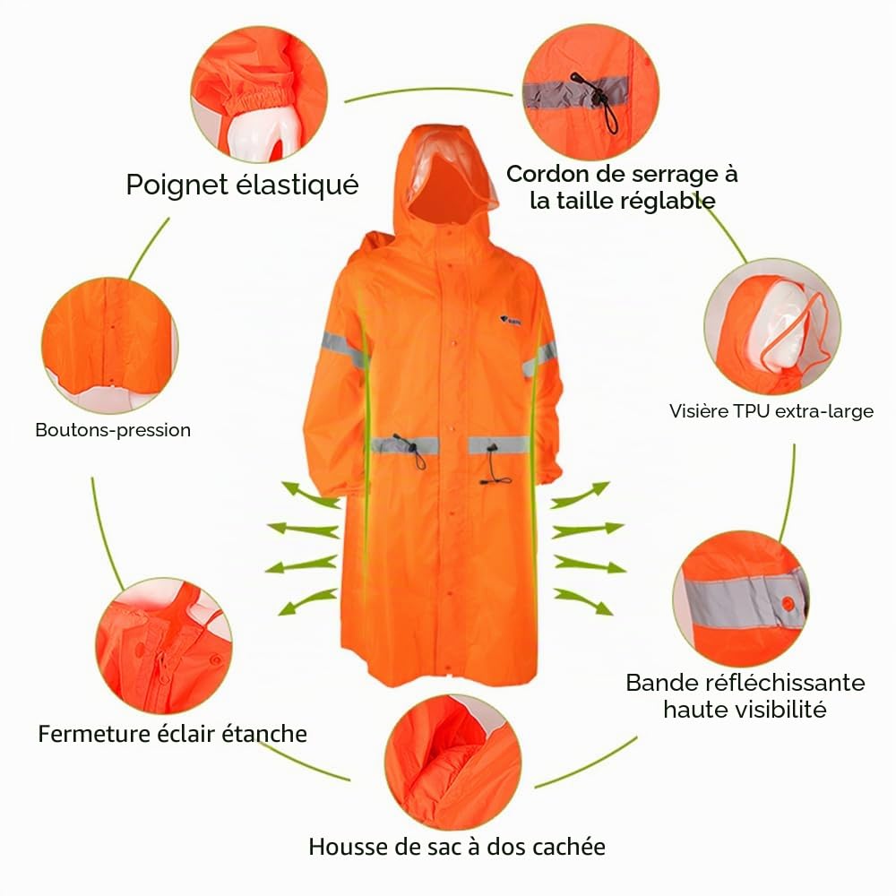 LIXADA Poncho de Pluie à Capuche pour Adultes Veste de Pluie imperméable réfléchissante Haute visibilité avec Housse de Sac à Dos pour Hommes Femmes Équipement de Pluie extérieur