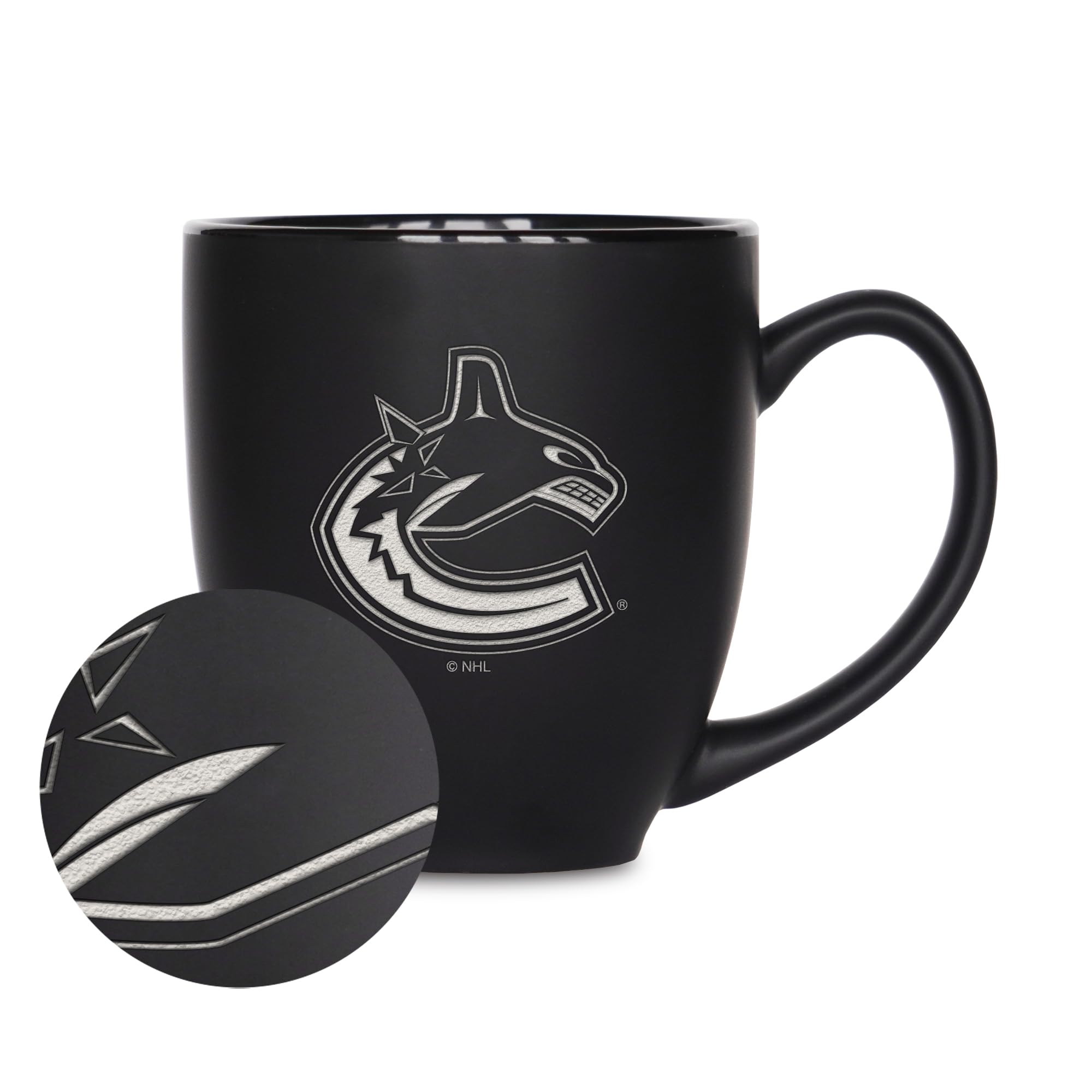 Rico Industries NHL Hockey San Jose Sharks 445 ml Laser Engraved Matte Black Ceramic Bistro Mug for Hot or Cold Drinks