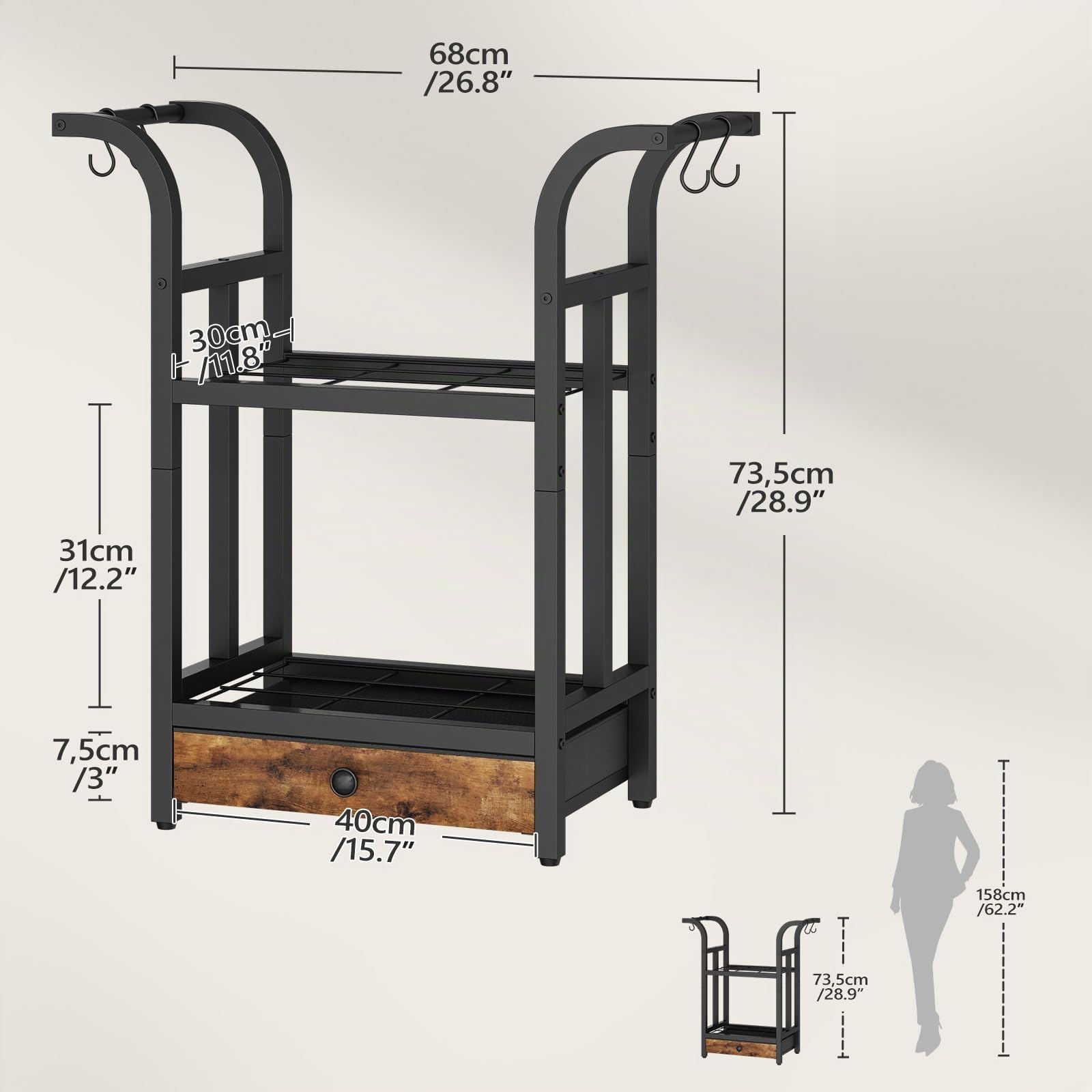 MAHANCRIS Kaminholzregal Innen Außen, 3-stöckiges Holzregal, 4 S-Haken und Stoffschublade, 68 x 30 x 73,5 cm, Metallrahmen, für Kamin & Ofen, Vintagebraun und Schwarz AFKBK4301