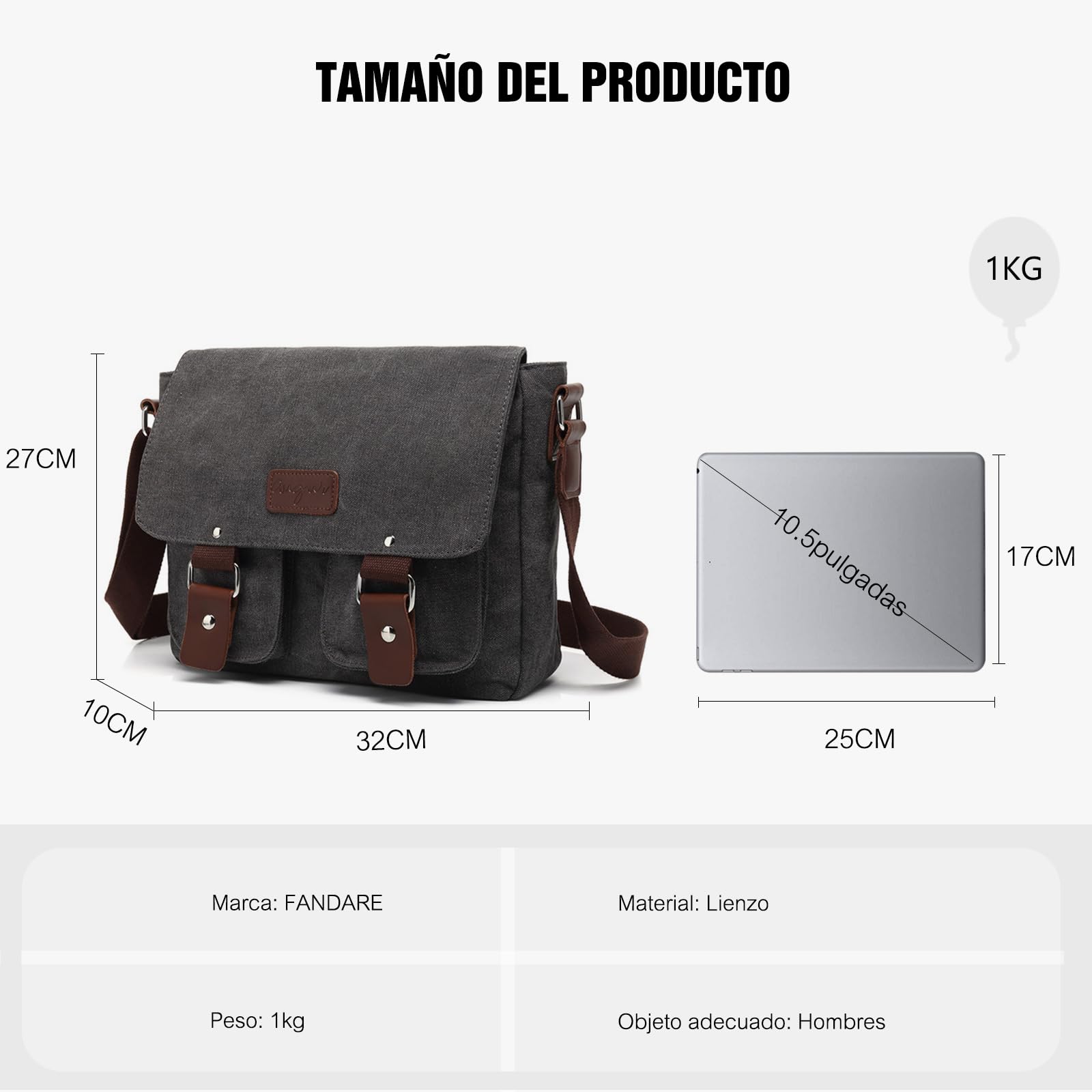 FANDARE Nuevo Bolsos Bandolera Bolsos Cruzados Bolsos para Hombre Mujer Negocio Mensajero Bolsos de Fiesta Messenger Viaje Trabajo Pequeña Maletines Bolsa de la Ciudad Bolso Lona Gris Oscuro