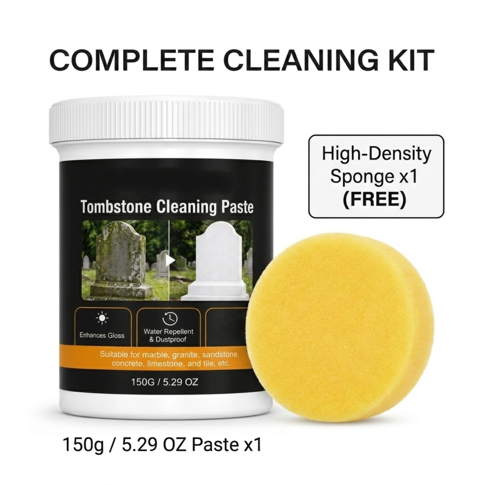 Kit de limpieza de lápidas con esponja – Pasta de cuidado de lápidas para mármol, granito y arenisca, limpiador de piedra multiusos y crema pulidora, quitamanchas y restaurador para lápidas al aire