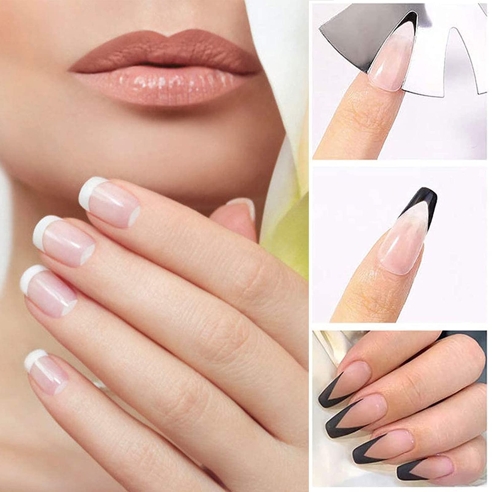 NICENEEDED 5Pcs Easy French Smile Line Cutter Herramientas, 3 Uds, Plantillas de Recortador de Bordes En Forma de C de Acero Staniless de Manicura Y 2 Uds, Pinceles para Decoración de Uñas para Kit
