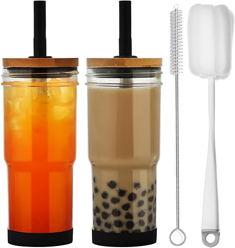 ALINK Vasos de vidrio con tapas y pajitas, vaso de 24 onzas con funda de silicona, puntas, cepillo, tazas de café helado reutilizables, tazas para