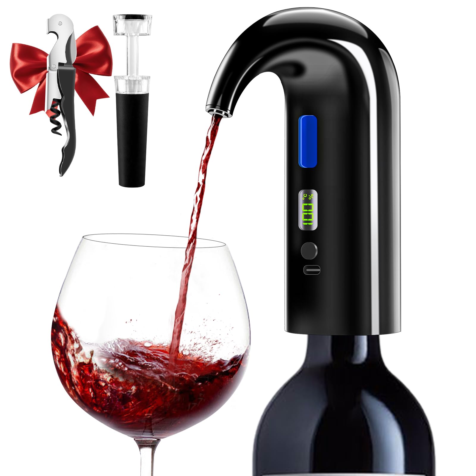 Décanteur à vin électrique, Aérateur Distributeur Verseur - Cadeau Fête des Pères, verseur d'aérateur de vin rouge à une touche, rechargeable de type C pour la maison et le bar (Noir)