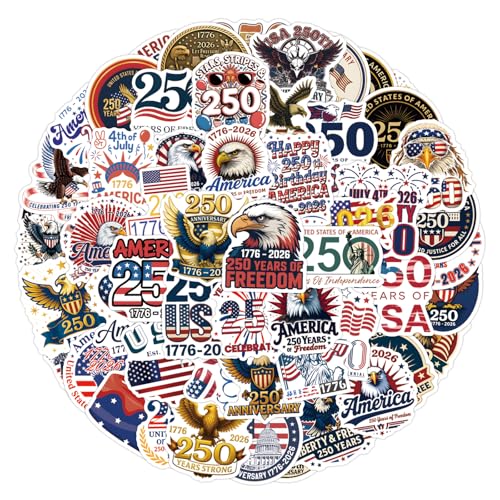 Image of 110PCS 250 Anniversary USA Stickers, America 250 Patriotic Vinyl Decals Set, 250th Anniversary Stickers for Laptop, Cooler, Car, Tumbler, USA 250th Anniversary Merchandise & Party Favors