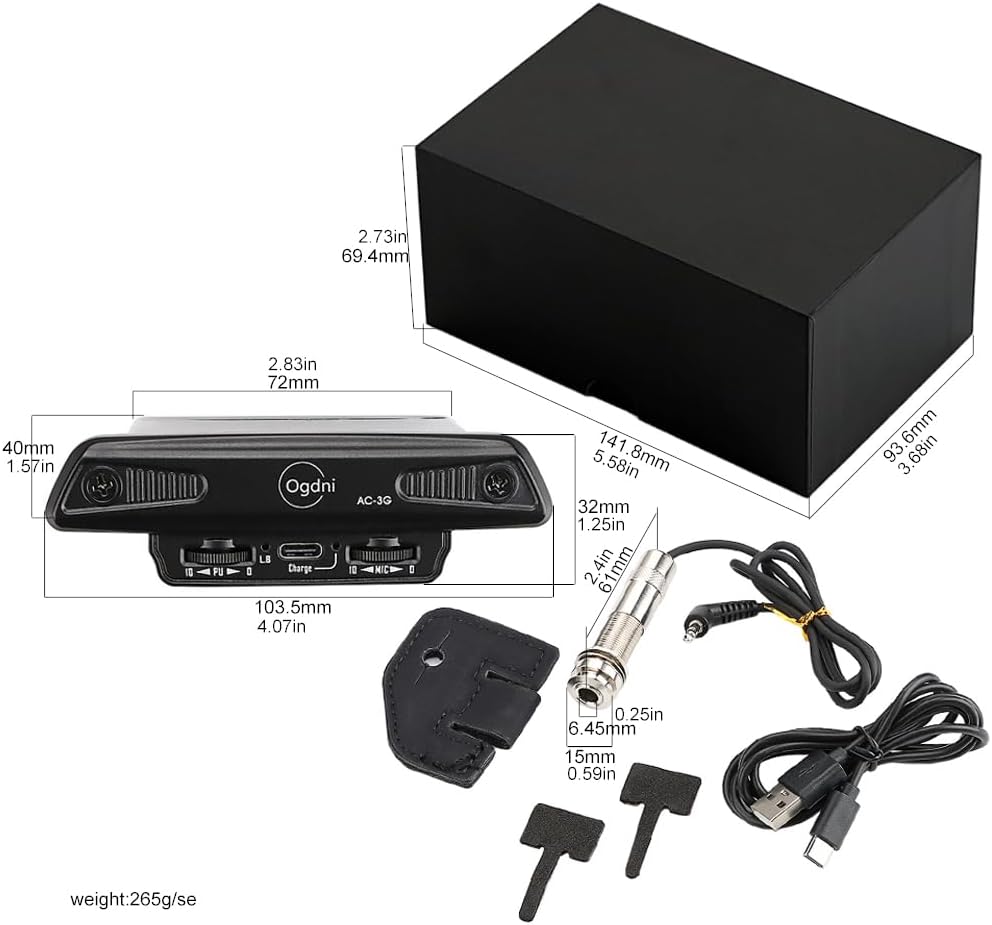 Ogdhi Guitar Acoustic Soundhole Pickup AC-3G,Resonance Preamp Pickup Wired Pro System with USB Charging Active Sound Hole Pickup Transducer Cable Low Noise, Black