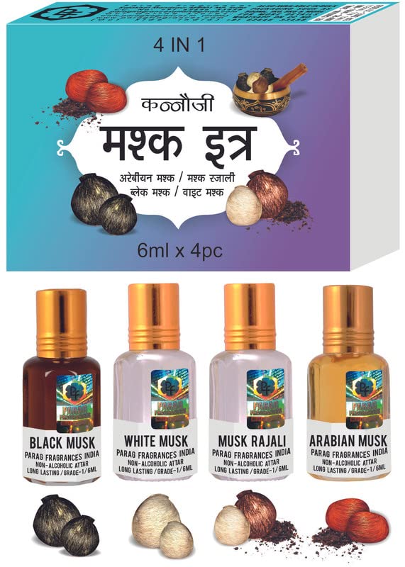 Image of Parag Fragrances Musk Attar 4 in 1 Combo (Black, White, Razali & Arabian) Real, Natural & Alcohol-Free Grade 1 Attar /Long Lasting Perfume, Unisex, Oil, 6 Ml