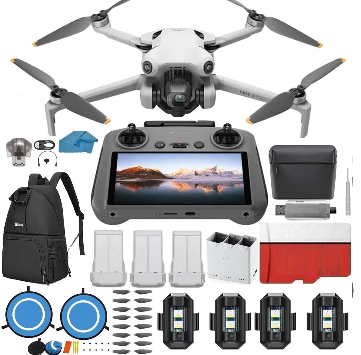 DJIMini 4 Pro Folding Drone with RC 2 Remote (With Screen) Fly More Combo, 4K HDR Video Camera for Adults, Under 249g, Omnidirectional Sensing, 3 Batteries Bundle with 128 gb SD Card Strobe Lights and More