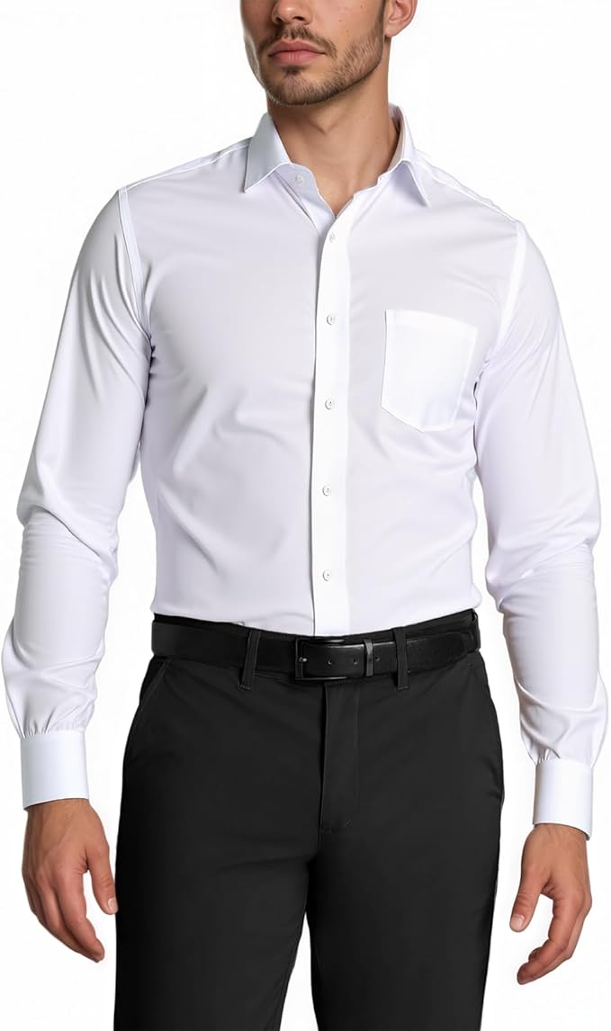 XPIZH Mens Dress Shirts Long Sleeve Collared Stretch Solid Formal Wedding Dating Business Casual Button Down Shirt Pocket