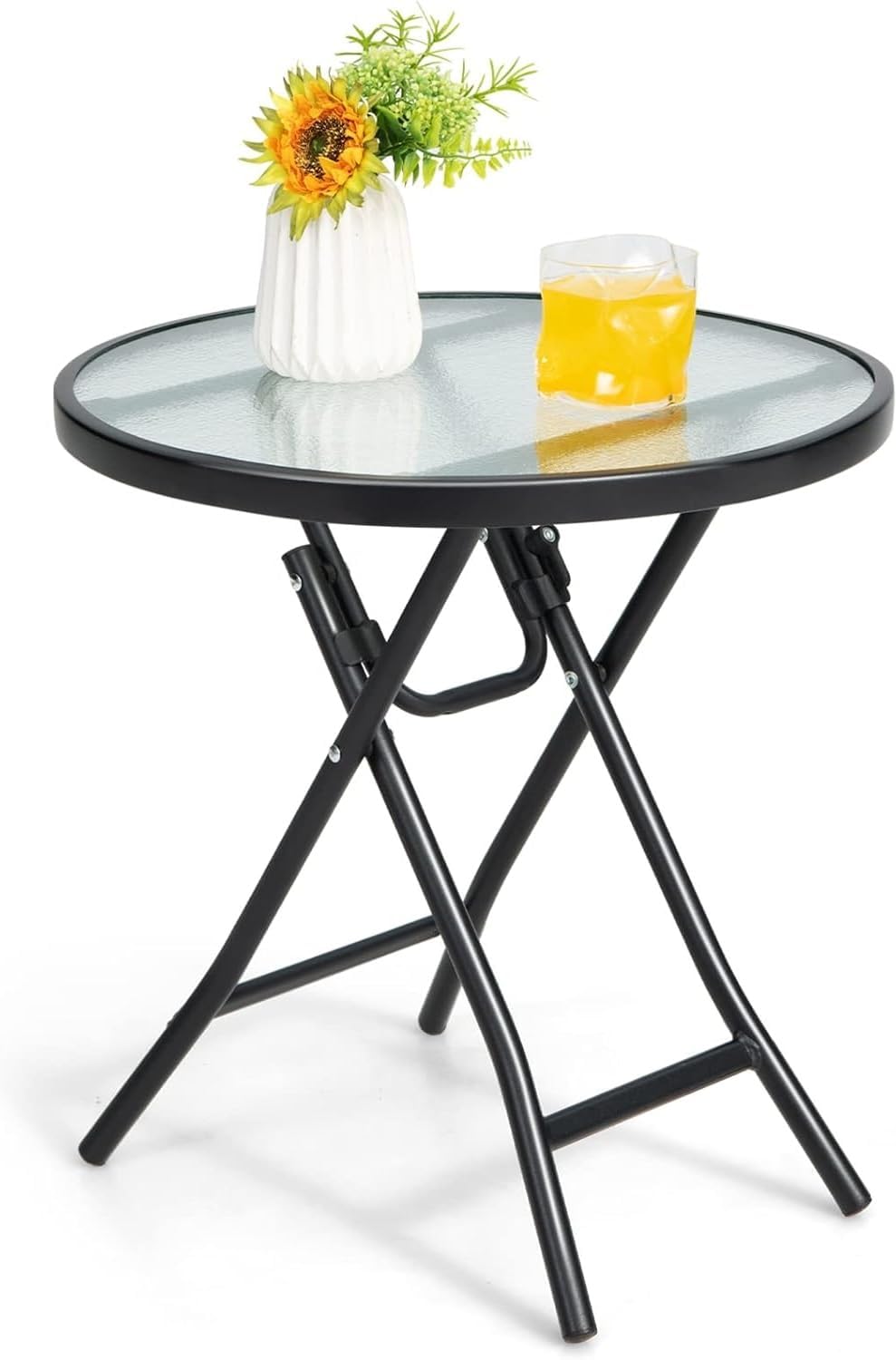 LDAILY Folding Outdoor Side Table, Round Small Bistro Table with Tempered Glass Tabletop, Anti-Slip Foot Pads, Steel Frame, Foldable Patio Table for Garden, Balcony, Backyard, Porch, Black