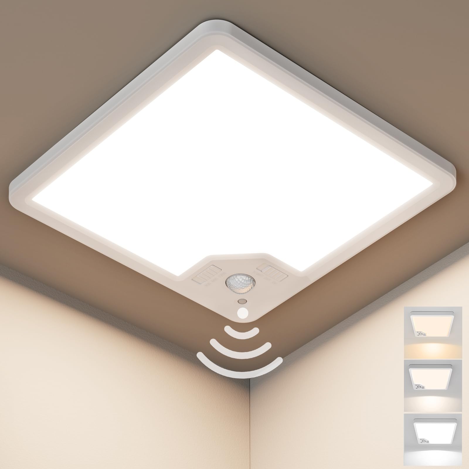 AmzFan Deckenlampe mit Bewegungsmelder–22W 2100LM LED Deckenleuchte Radar Bewegungssensor, Flache Lampe mit Bewegungssensor Innen mit 3 Farbtemperaturen für Flur Garage Treppe Keller Balkon