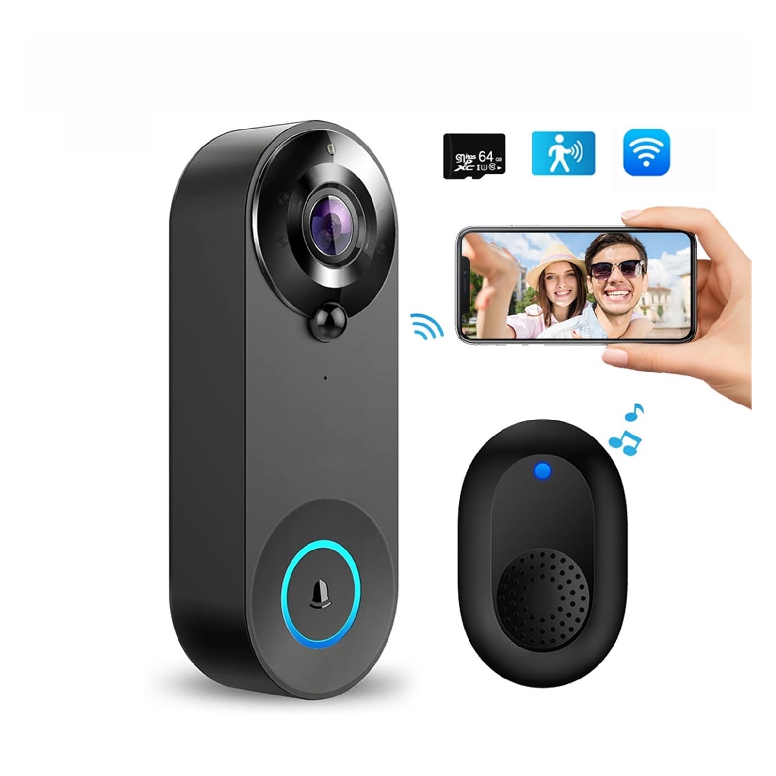 Videocitofono Wireless 1080P, Campanello Intelligente WiFi, Sicurezza Domestica, Rilevamento Del Movimento, Visione Notturna, Citofono Audio Bidirezionale(Doorbell kit)