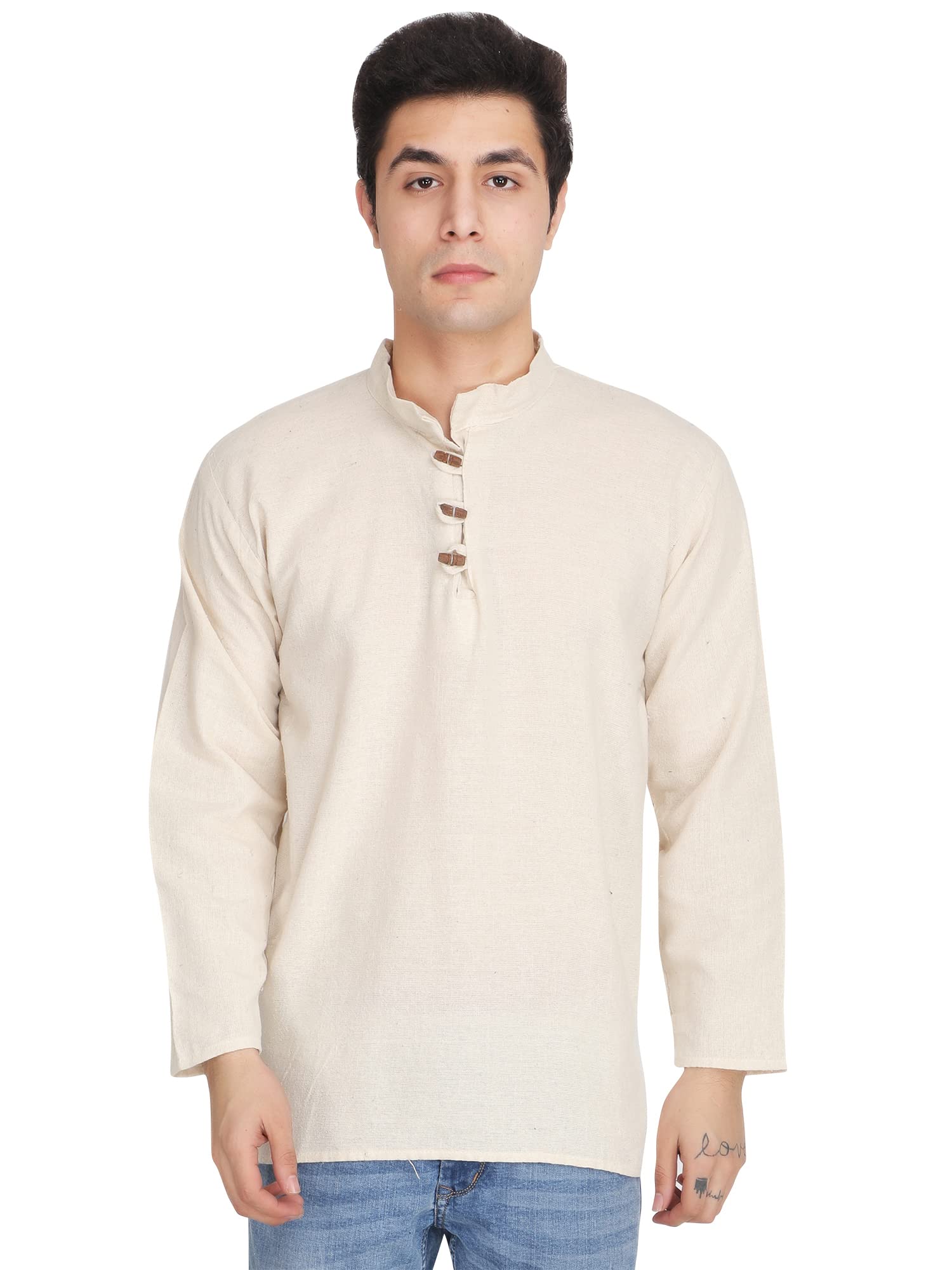 Men's Short Round Neck Plain Cotton Kurta Fashion Casual Long Shirt-image-7